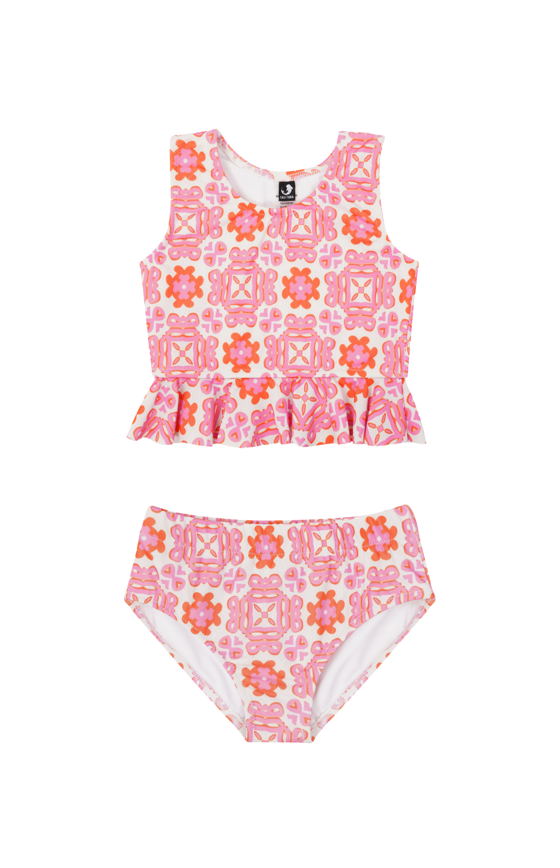 Designer Positano two piece swimsuit for girls with ruffle trim, mid waist bottom and plus sizes. Comfortable swimwear for girls.