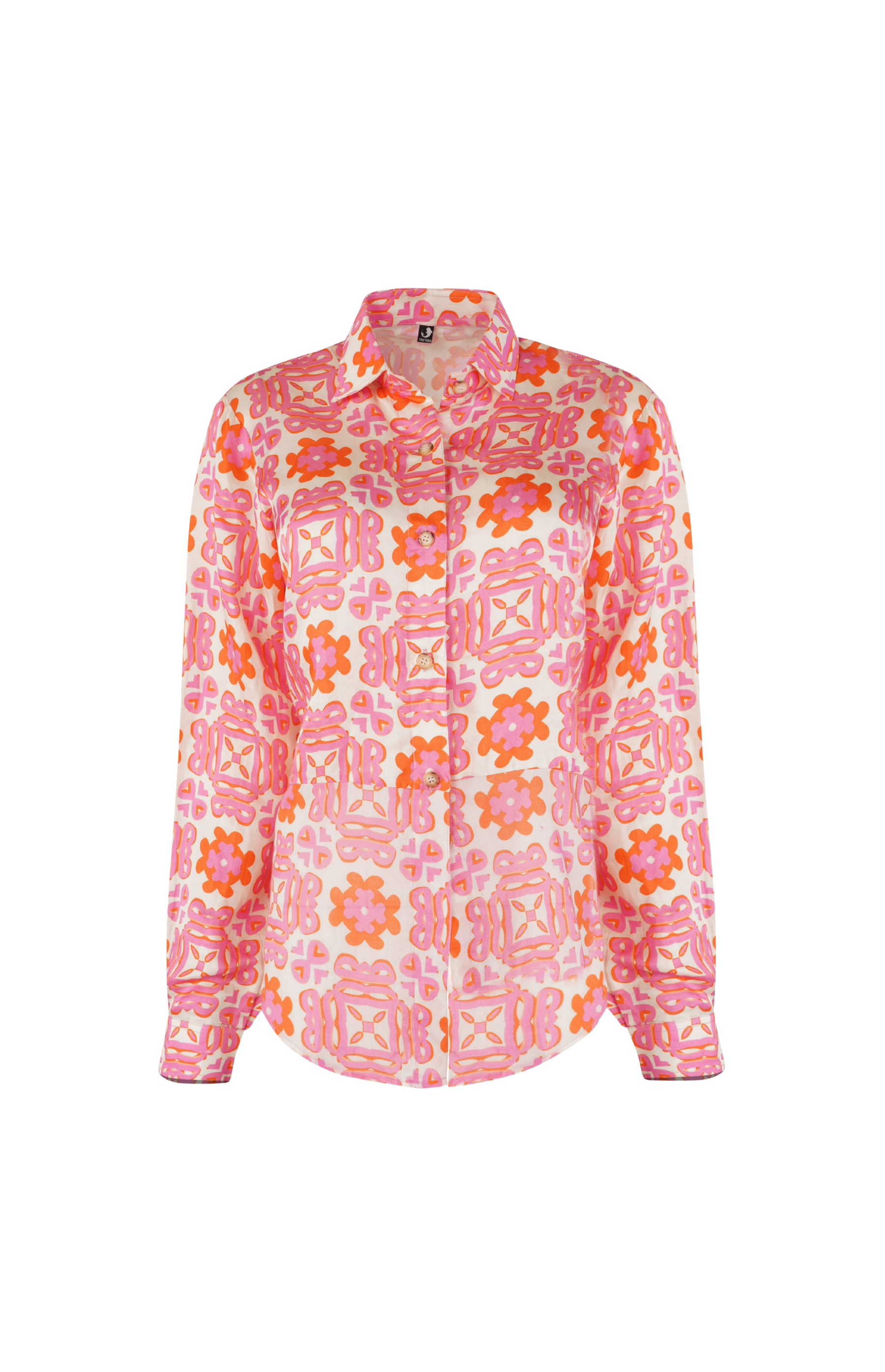 Designer Positano Shirt for women in quick dry sustainable fabric with floral print, long sleeves, back knot, button front closure and family sets. Comfortable, lightweight beachwear and resort wear for summer or holiday outings.