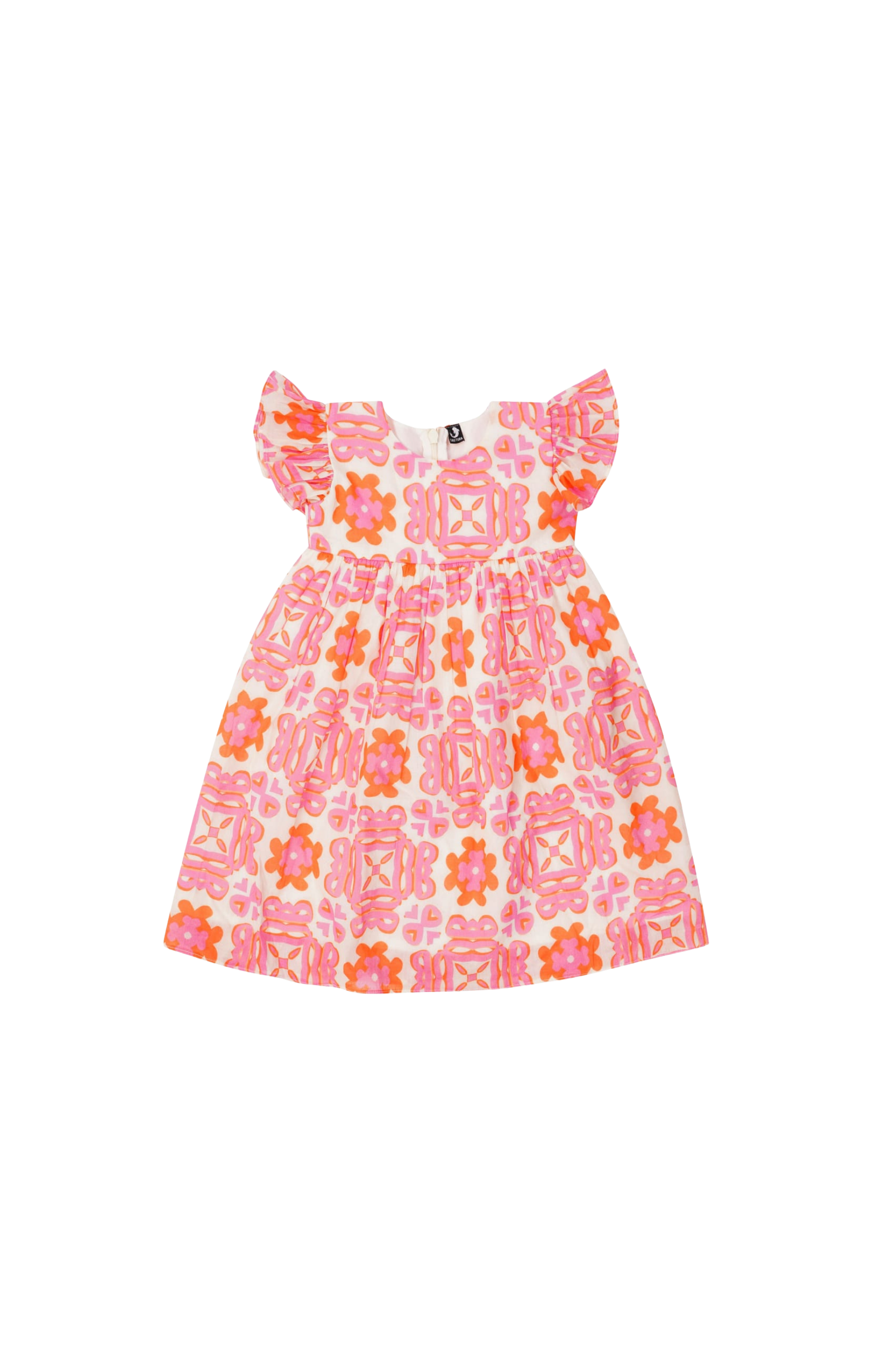 Designer Positano dress for girls in sustainable floral printed fabric, flutter sleeves, back zip, customized fit, plus sizes and family set. Comfortable kids swimwear and beachwear.