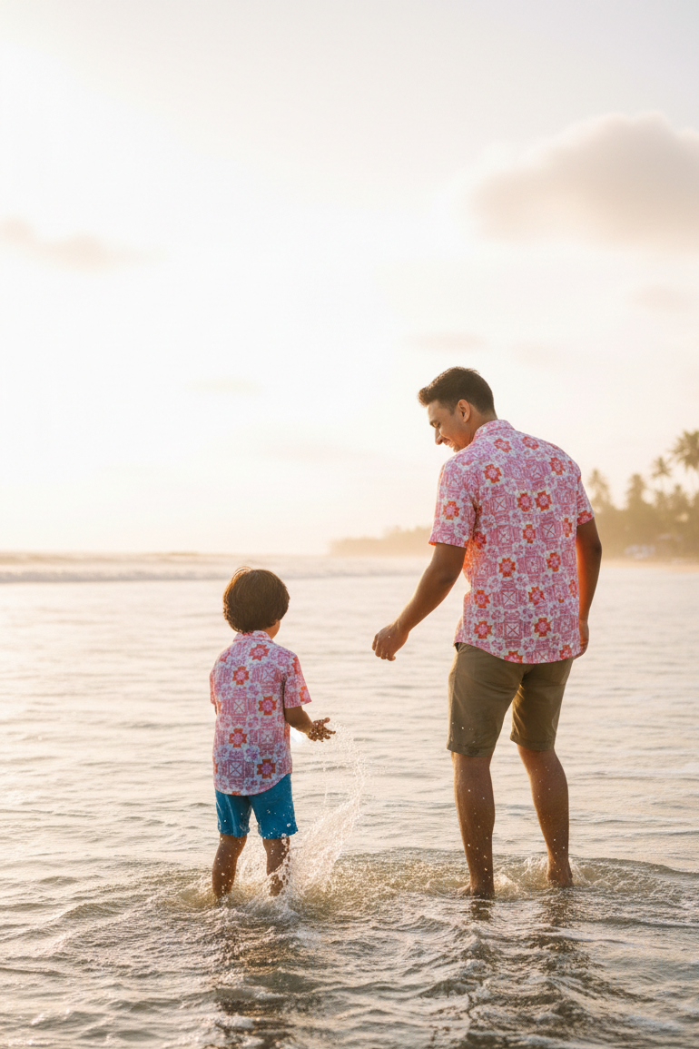 Designer Positano Shirt for boys in quick dry sustainable fabric with short sleeves, geometric floral print ,easy button up and matching family sets. Customizable and in plus sizes. Comfortable, lightweight beachwear and resort wear for holiday outings.