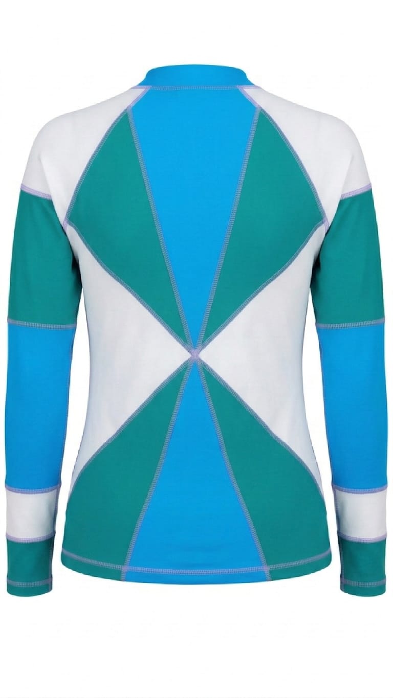 Designer, unisex Reef Rider rash guard made from quick-dry sustainable fabric in blue and green geometric design, long sleeves, front zip, SPF 50+ UV protection and plus sizes. Customizable and sustainable swimwear for your water adventures.