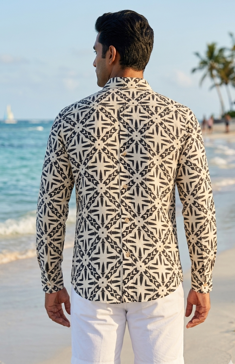 Designer Roma Shirt for men in quick dry cotton fabric, with geometric print, half sleeves, plus sizes and matching family sets. Comfortable, lightweight beachwear and resort wear for summer outings.
