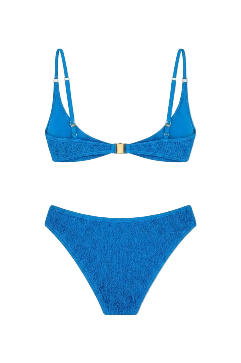 Designer pink and bright blue Salacia bikini set for women in quick-dry crinkled fabric, with removable cups, adjustable straps, scooped neckline, back clasp, and low-waist bottom, SPF 50+ UV protection and plus sizes. Stylish swimwear for sexy summer looks.