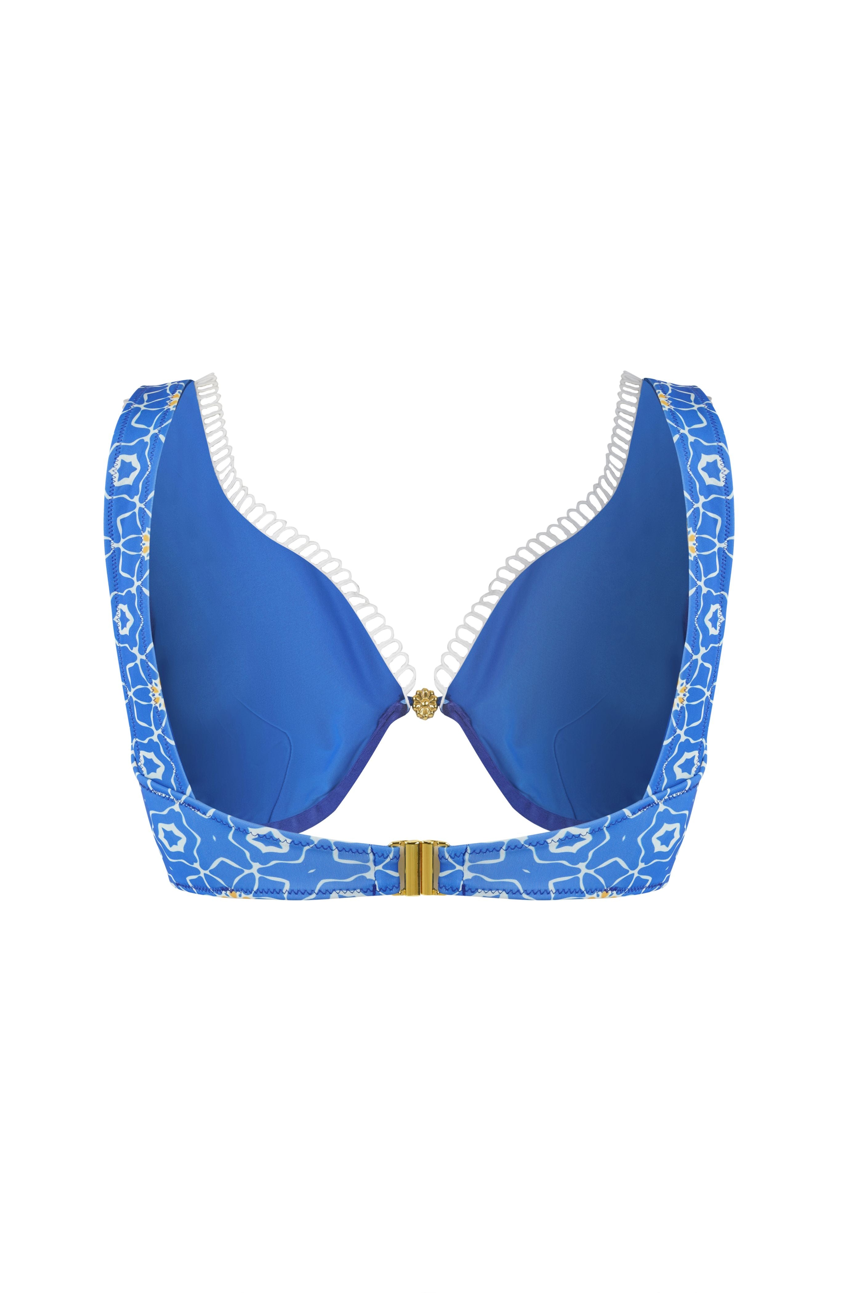 Designer, sustainable Sorrento Bikini Top for women with lace trim, triangle cut design, thick straps, secured back clasp and charm accent at the center . Sexy swimwear bikini top for summer looks.