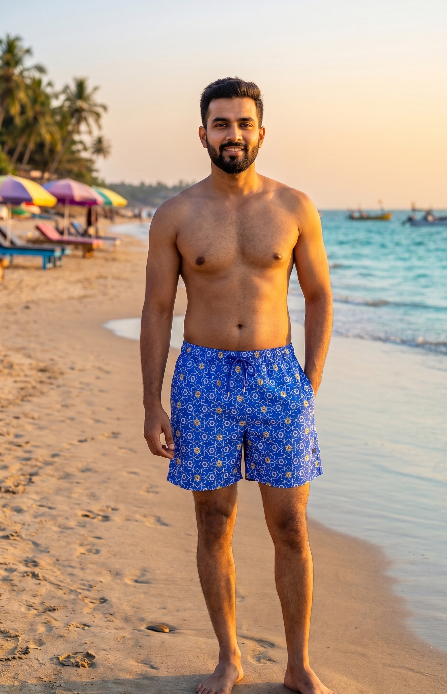 Designer Sorrento shorts for men in quick-dry fabric with floral print, elastic waistband, drawstring and matching family set. Comfortable and lightweight swimwear for holiday outings.