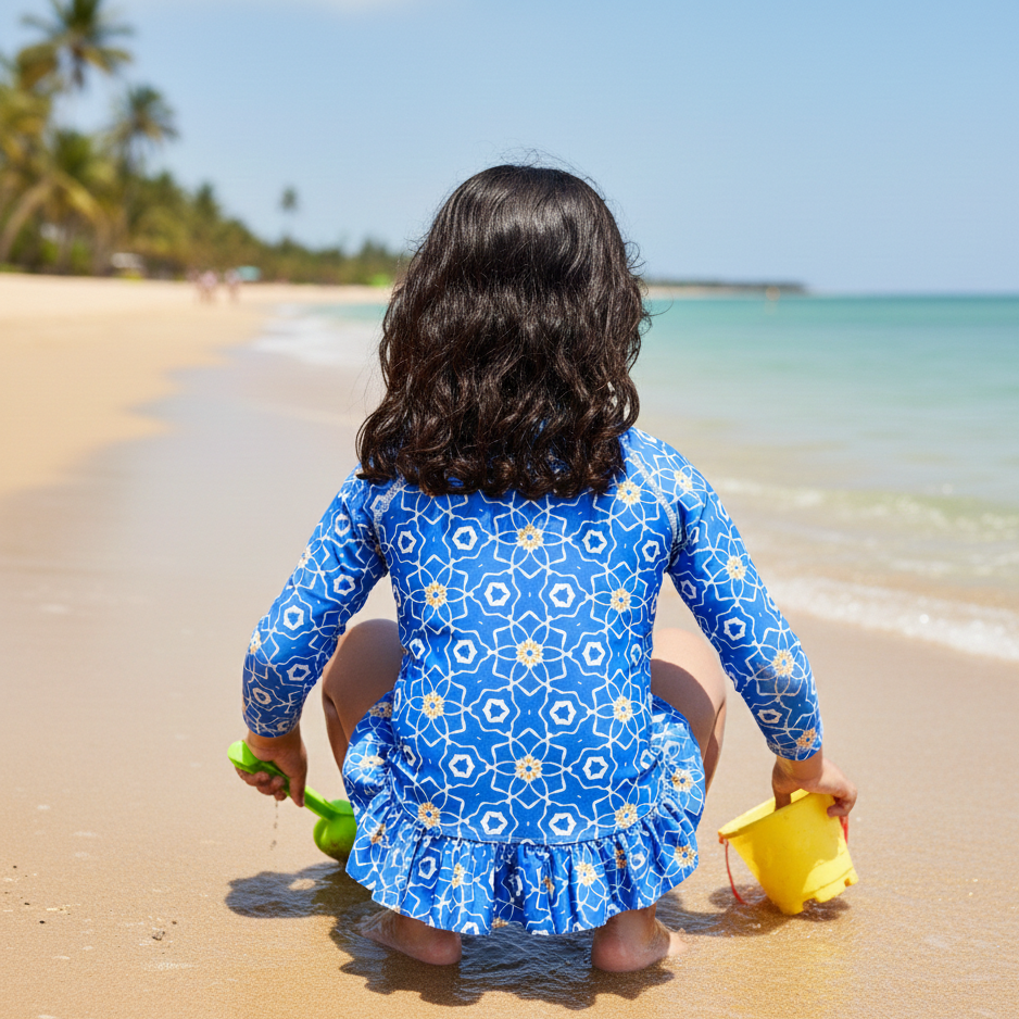 Designer Sorrento swimsuit for girls in sustainable quick-dry fabric, with front zip, full sleeves for SPF 50 UV sun protection, ruffled hip, plus sizes and matching family set. Comfortable swimwear for your little ones.