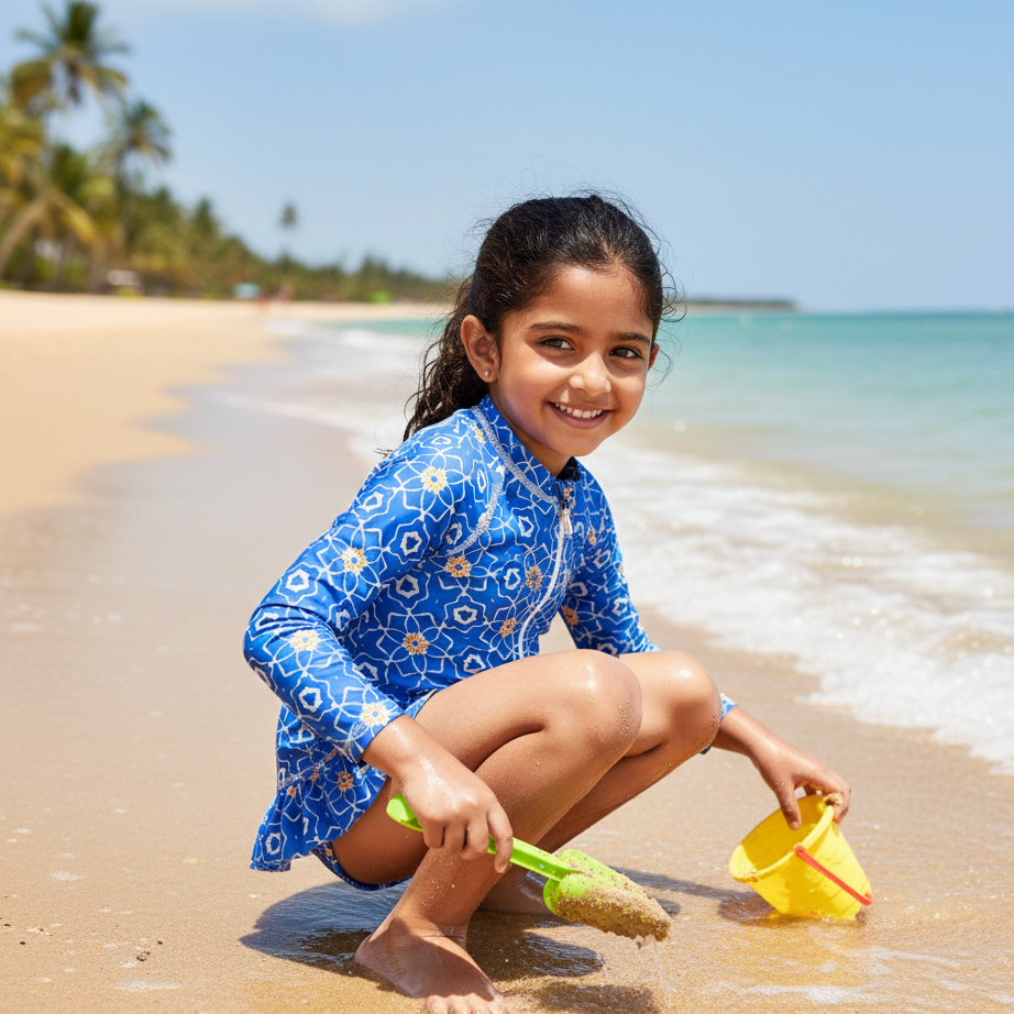 Designer Sorrento swimsuit for girls in sustainable quick-dry fabric, with front zip, full sleeves for SPF 50 UV sun protection, ruffles, custom fit, plus sizes and family set. Comfortable swimwear for your little ones.