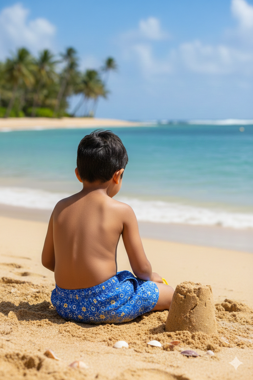 Sorrento boys blue printed swim shorts with elastic waistband, drawstrings and mesh lining for beach, pool and summer wear