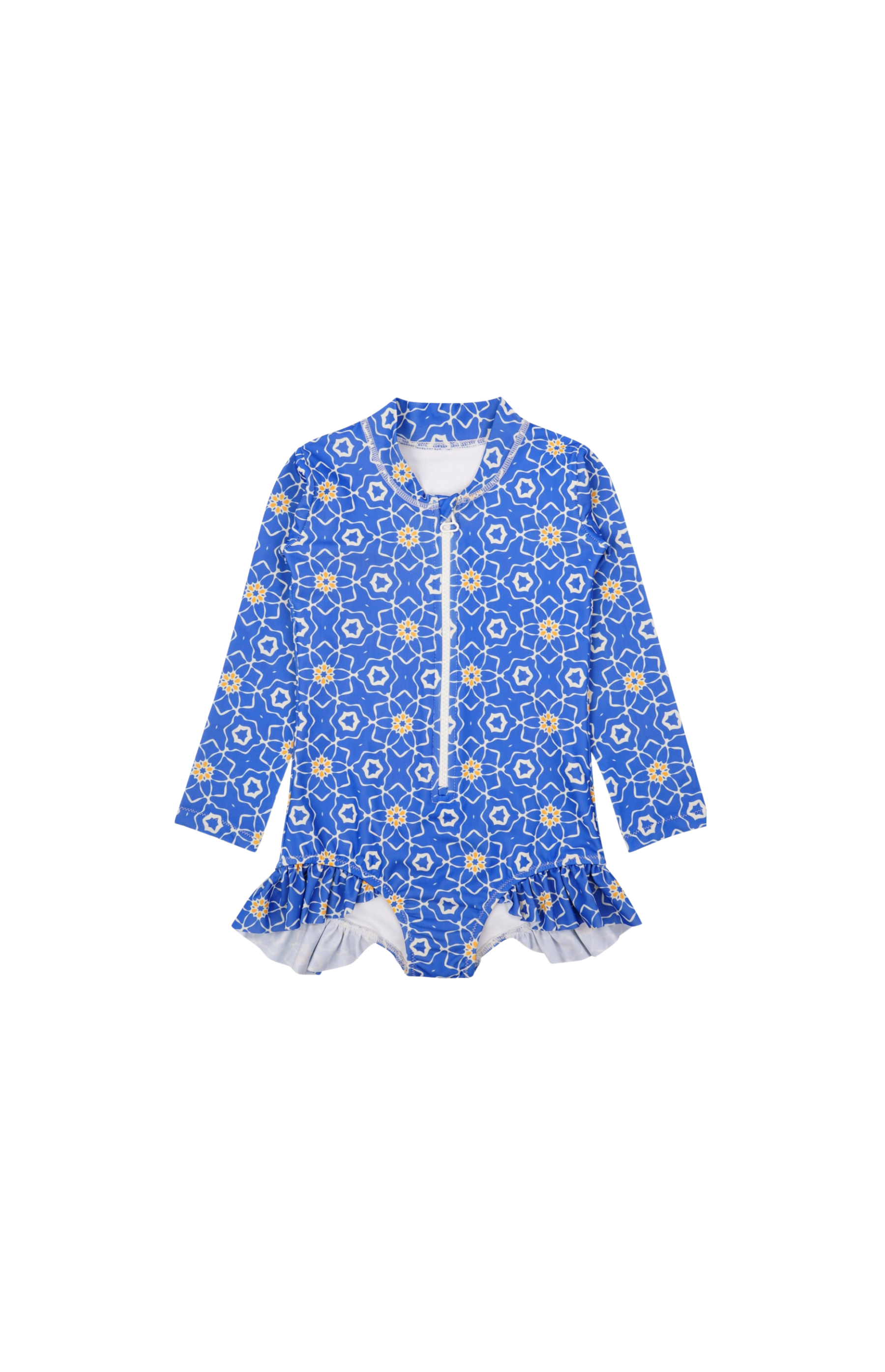 Designer Sorrento swimsuit for girls in sustainable quick-dry fabric, with front zip, full sleeves for SPF 50 UV sun protection, ruffles, custom fit, plus sizes and family set. Comfortable swimwear for your little ones.