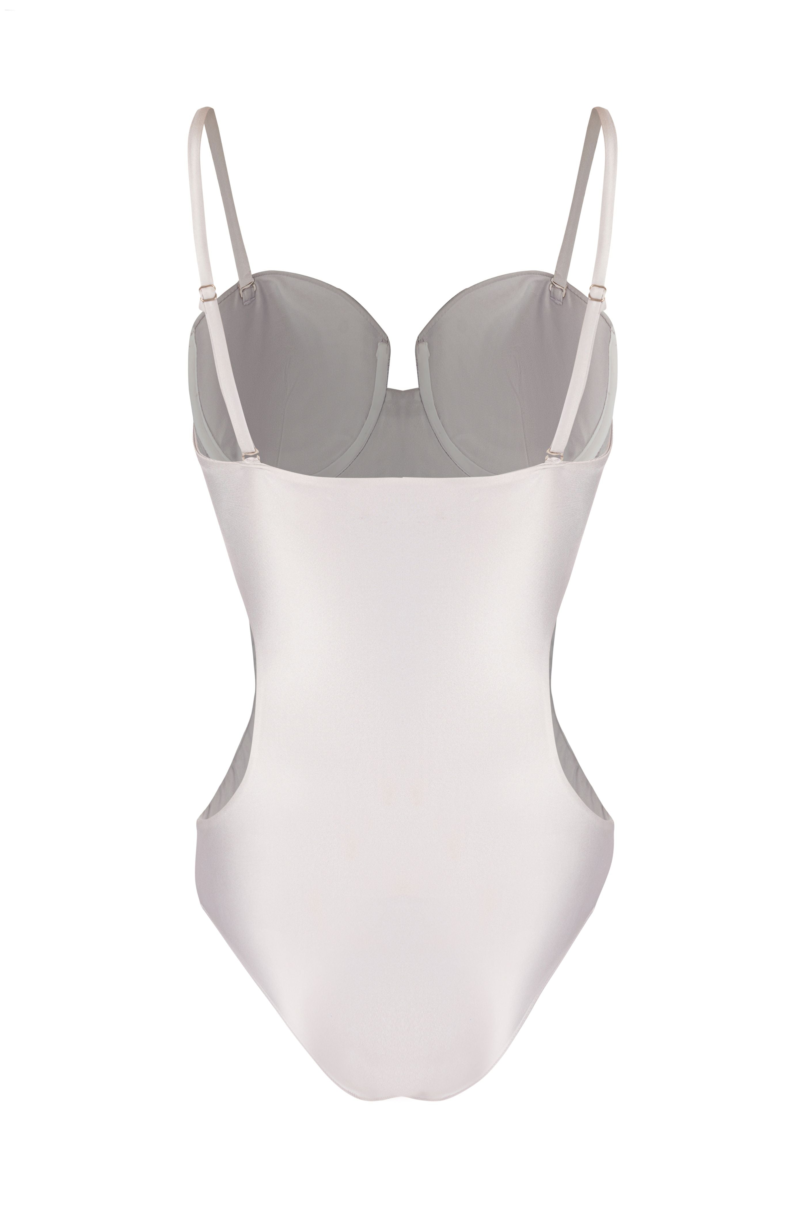 Designer Stardust silver-grey monokini one-piece swimsuit for women in stylish cut-out design, in-built cups , underwire and adjustable straps. Sexy swimwear for beach looks.