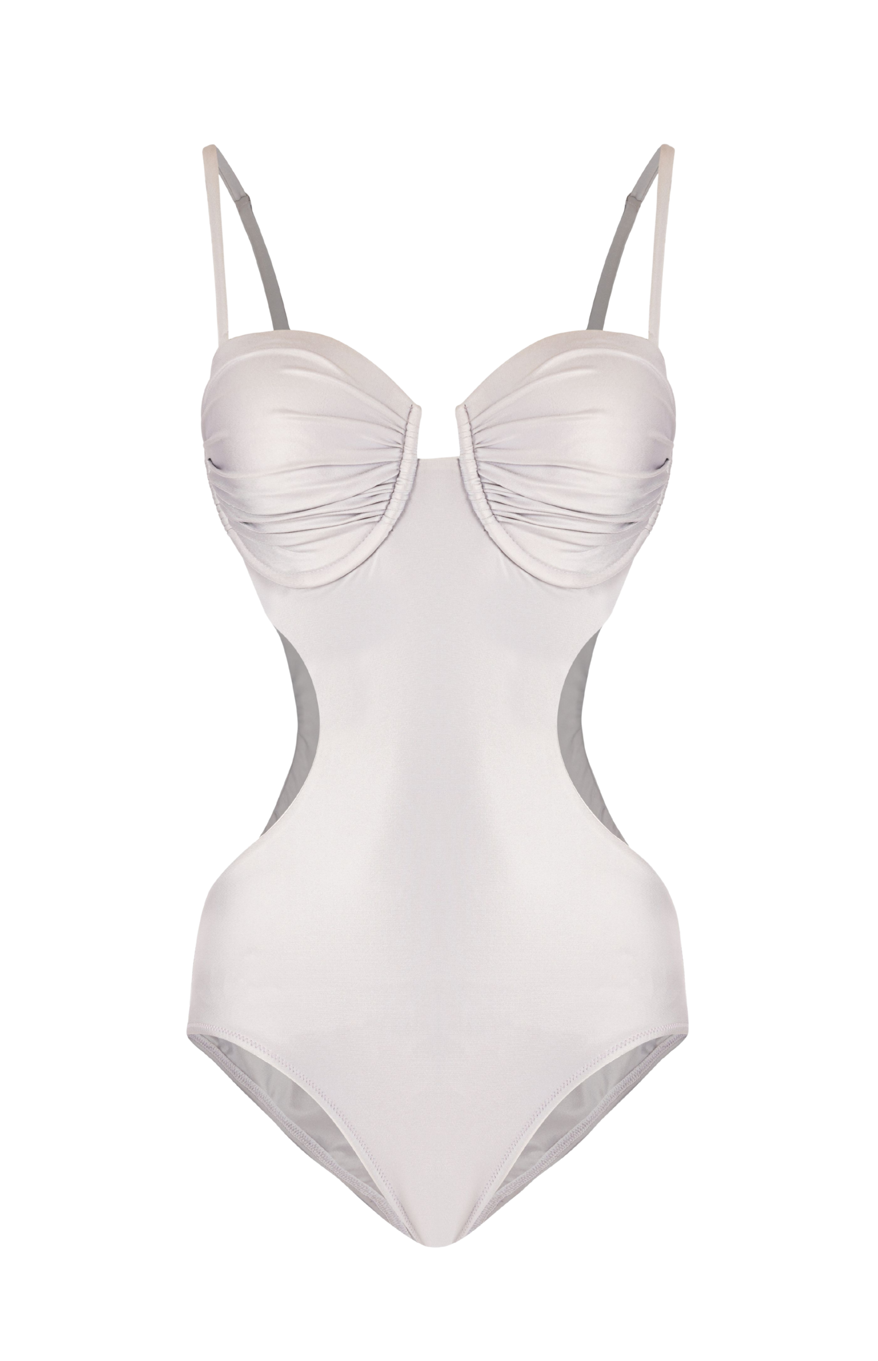 Designer Stardust silver-grey monokini one-piece swimsuit for women in stylish cut-out design, in-built cups , underwire and adjustable straps. Sexy swimwear for beach looks.