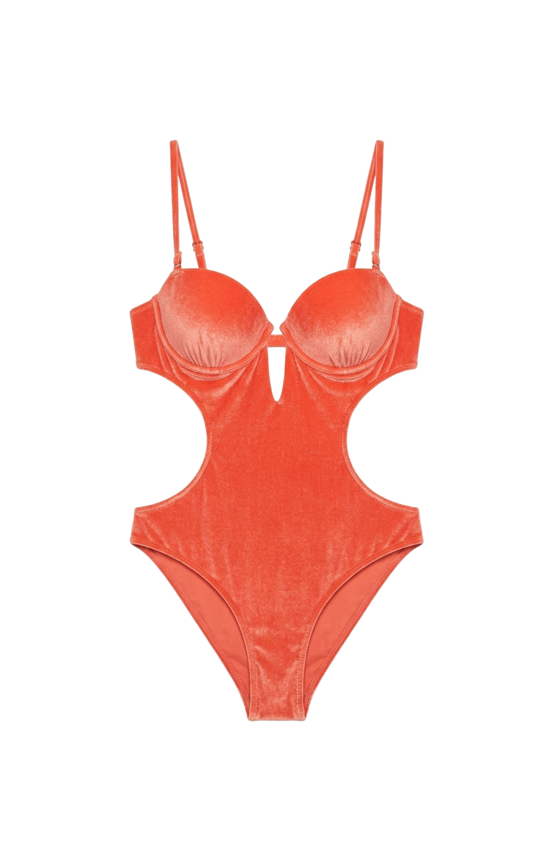 Designer Starfire one-piece swimsuit for women in orange, navy blue and purple with side cut-outs, underwire, in- built cups and an open back with a gold clasp. Customizable, stylish swimwear for sexy summer looks.