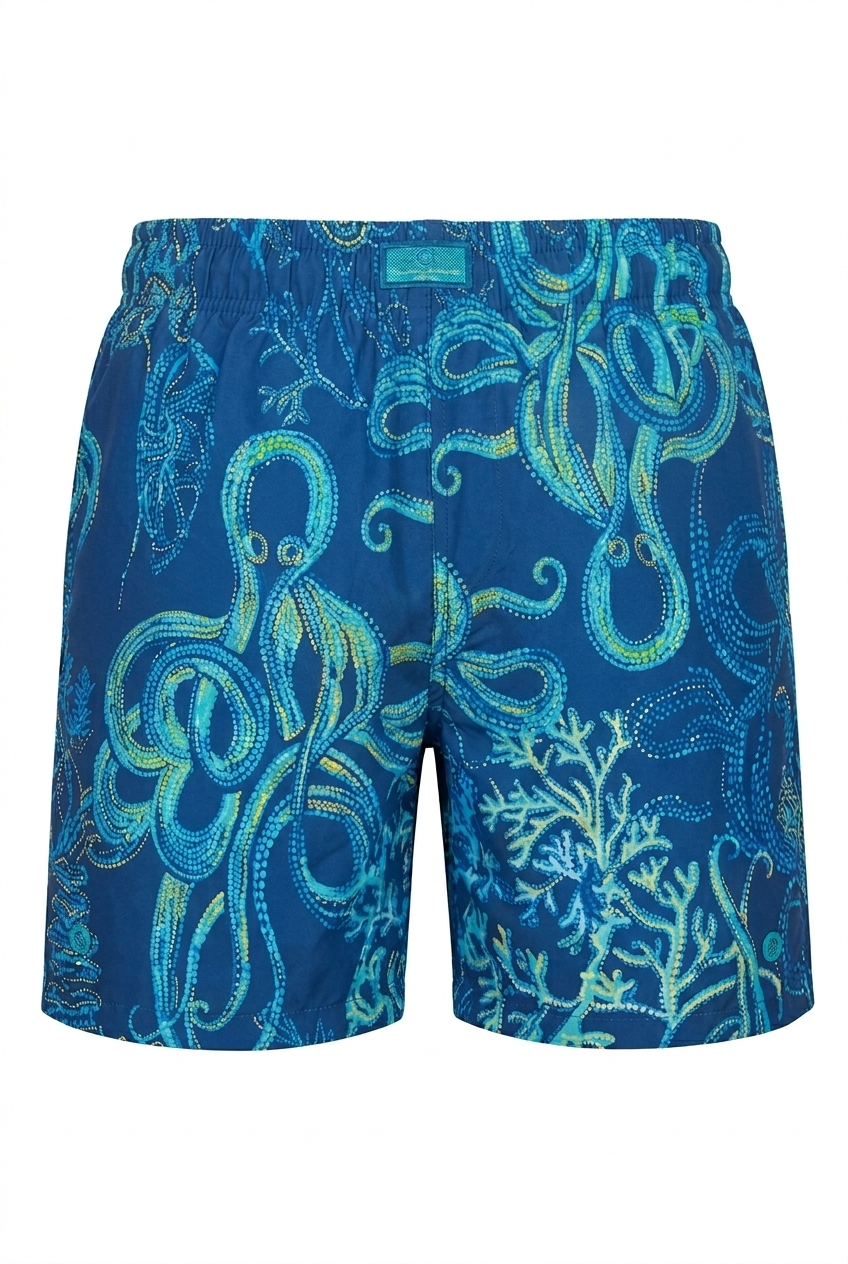 Designer, sustainable octopus print Tentacle Trance Men's blue board shorts swimwear in quick-dry fabric, UV protection, custom fit and plus sizes.