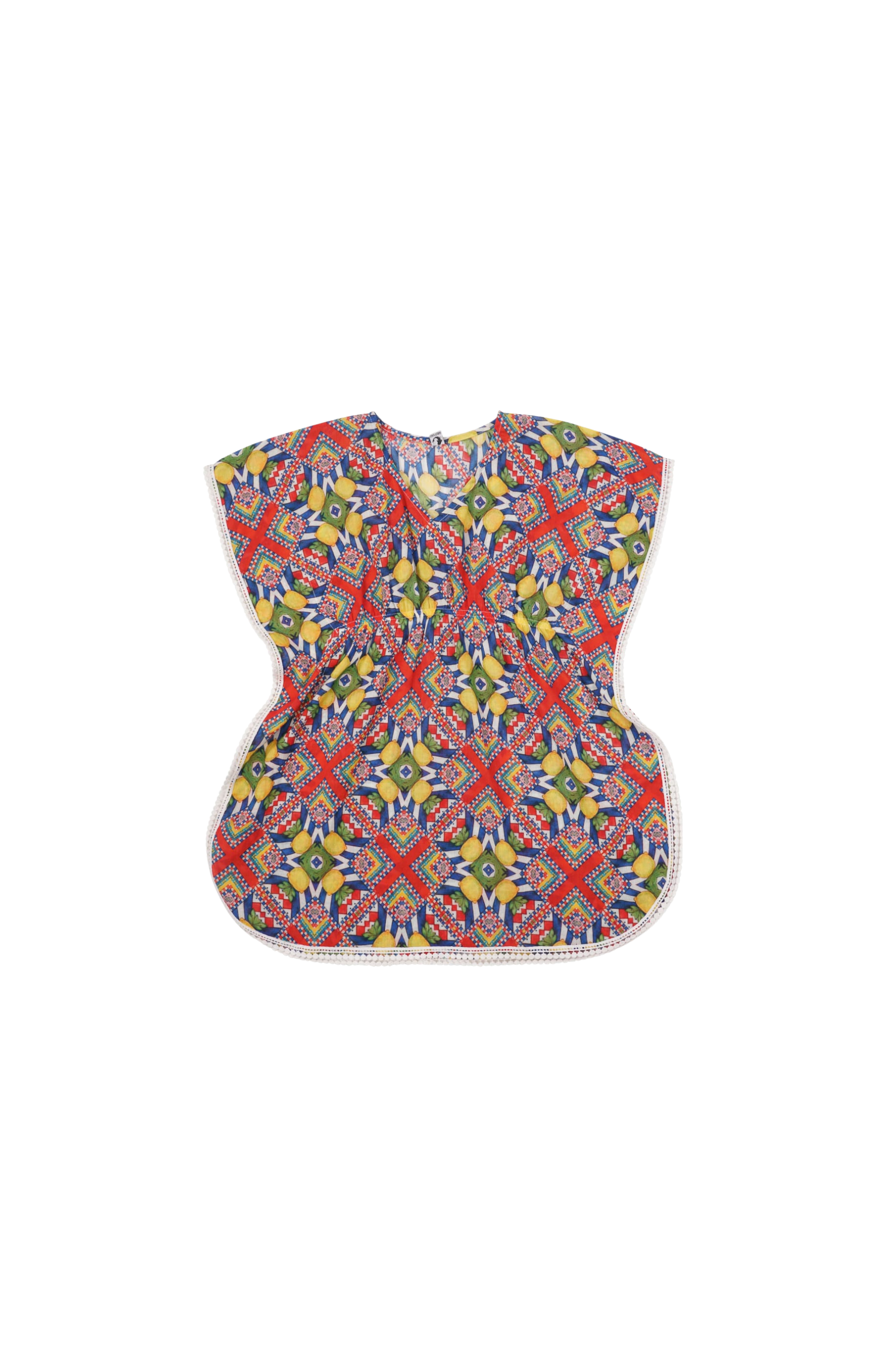 Designer, Tuscany girls beach kaftan in sustainable quick-dry fabric, short wide sleeves, V neckline, custom fit, plus sizes and family set. Comfortable swimwear for your little ones.