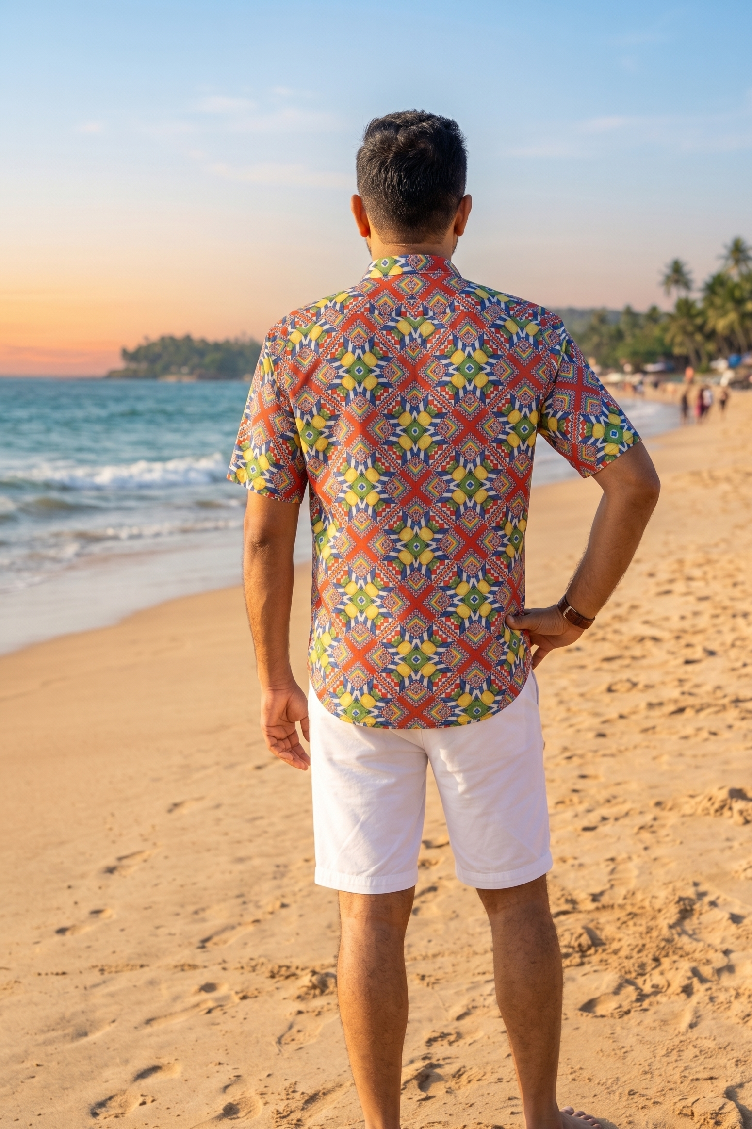 Designer Tuscany beach shirt for men in quick dry sustainable fabric, half sleeves, red geometric print, easy button up, plus sizes and matching family sets. Comfortable, lightweight beachwear and resort wear for summer outings.
