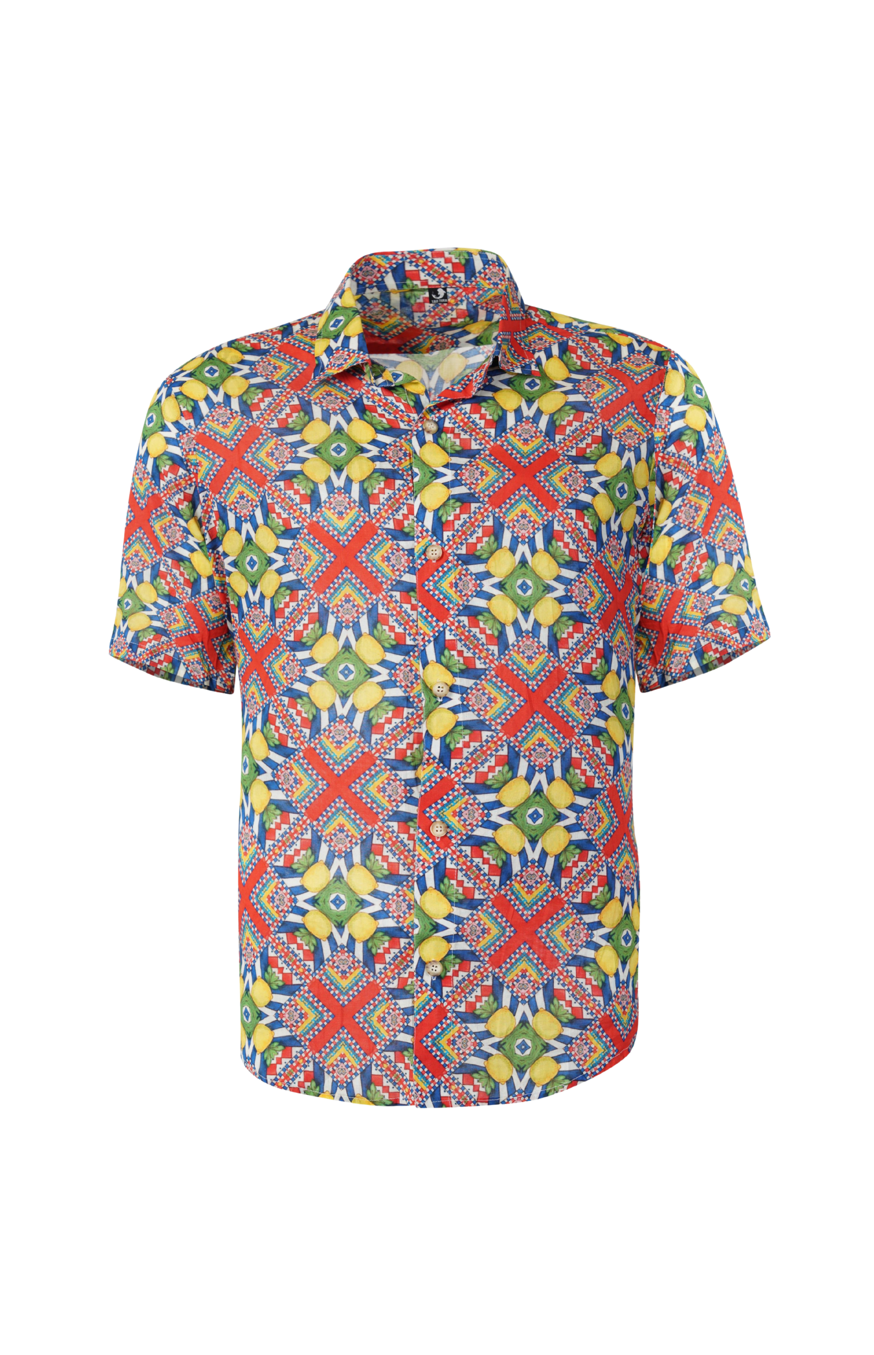 Designer Tuscany beach shirt for men in quick dry sustainable fabric, half sleeves, red geometric print, easy button up, plus sizes and matching family sets. Comfortable, lightweight beachwear and resort wear for summer outings.