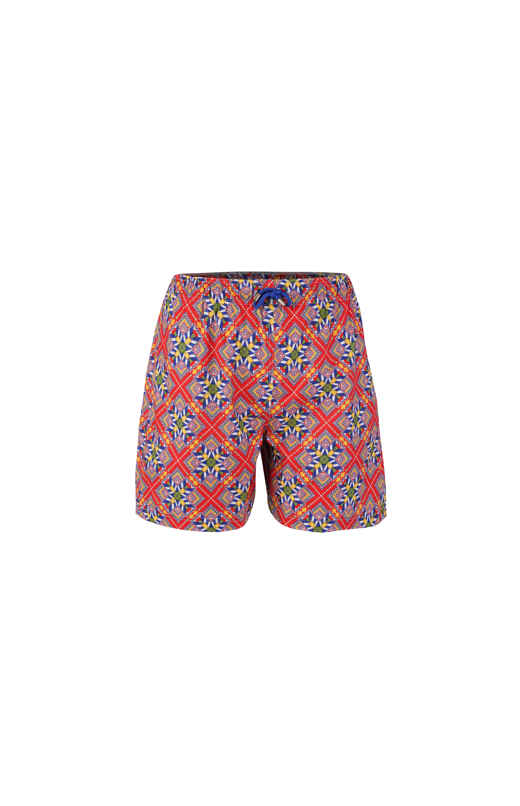 Designer Tuscany men's swim shorts, in sustainable, multi colour, quick-dry fabric with geometric design,elastic waistband, adjustable drawstring, plus sizes and family set. Comfortable swimwear for beach and holiday outings.