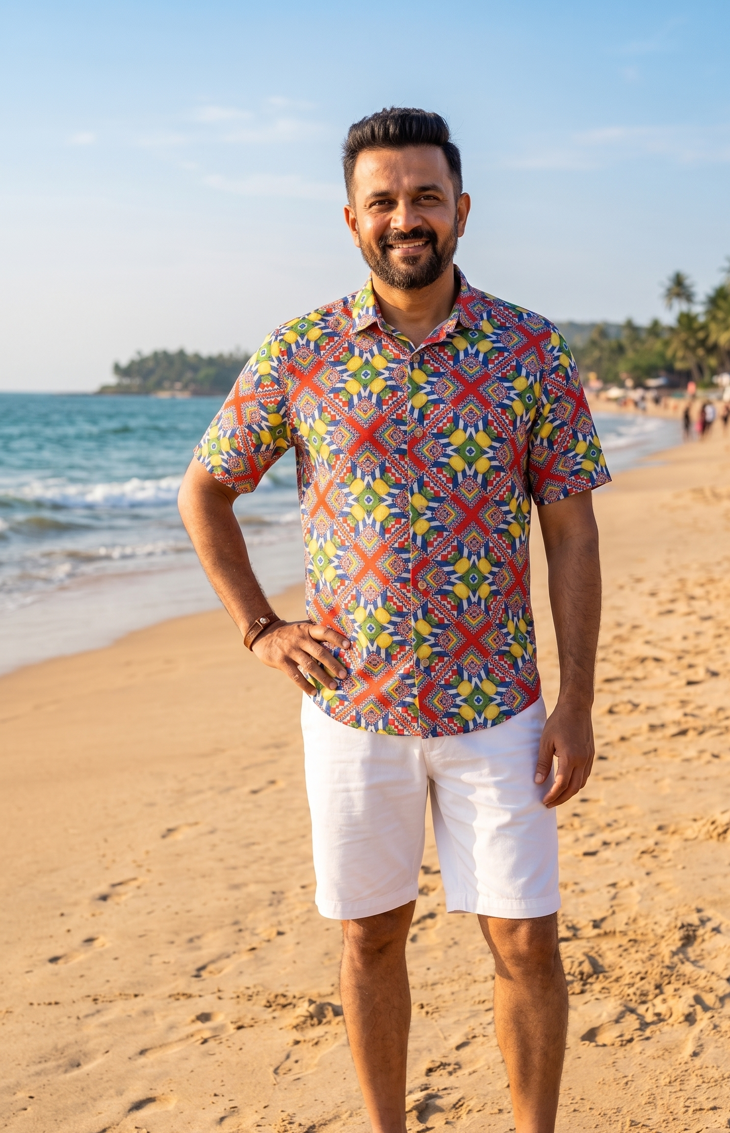 Designer Tuscany beach shirt for men in quick dry sustainable fabric, half sleeves, red geometric print, easy button up, plus sizes and matching family sets. Comfortable, lightweight beachwear and resort wear for summer outings.