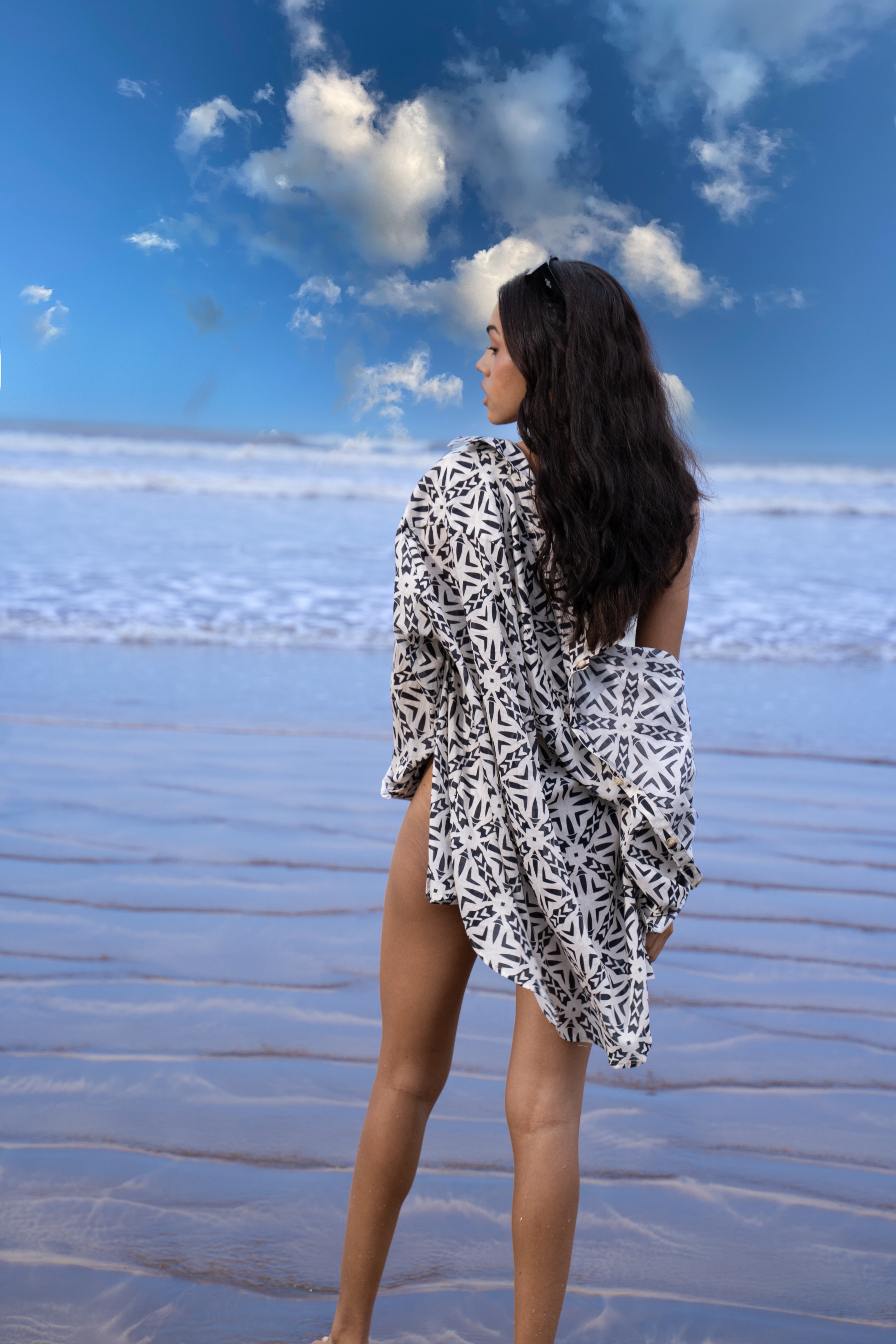 Designer Roma Shirt for women in quick dry cotton fabric, with geometric print, half sleeves, plus sizes and matching family sets. Comfortable, lightweight beachwear and resort wear for summer outings.