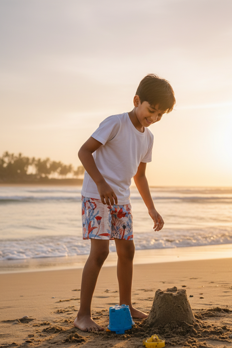 Designer Firenze shorts for boys in artistic coral printed sustainable fabric, elastic waistband, adjustable drawstring ,plus sizes and matching family set. Comfortable swimwear shorts for kids.