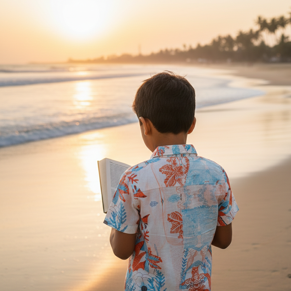 Designer Firenze Shirt for boys in quick dry sustainable fabric with tropical print, half sleeves, customized fit, plus sizes and family sets. Comfortable, lightweight beachwear and resort wear for summer outings.