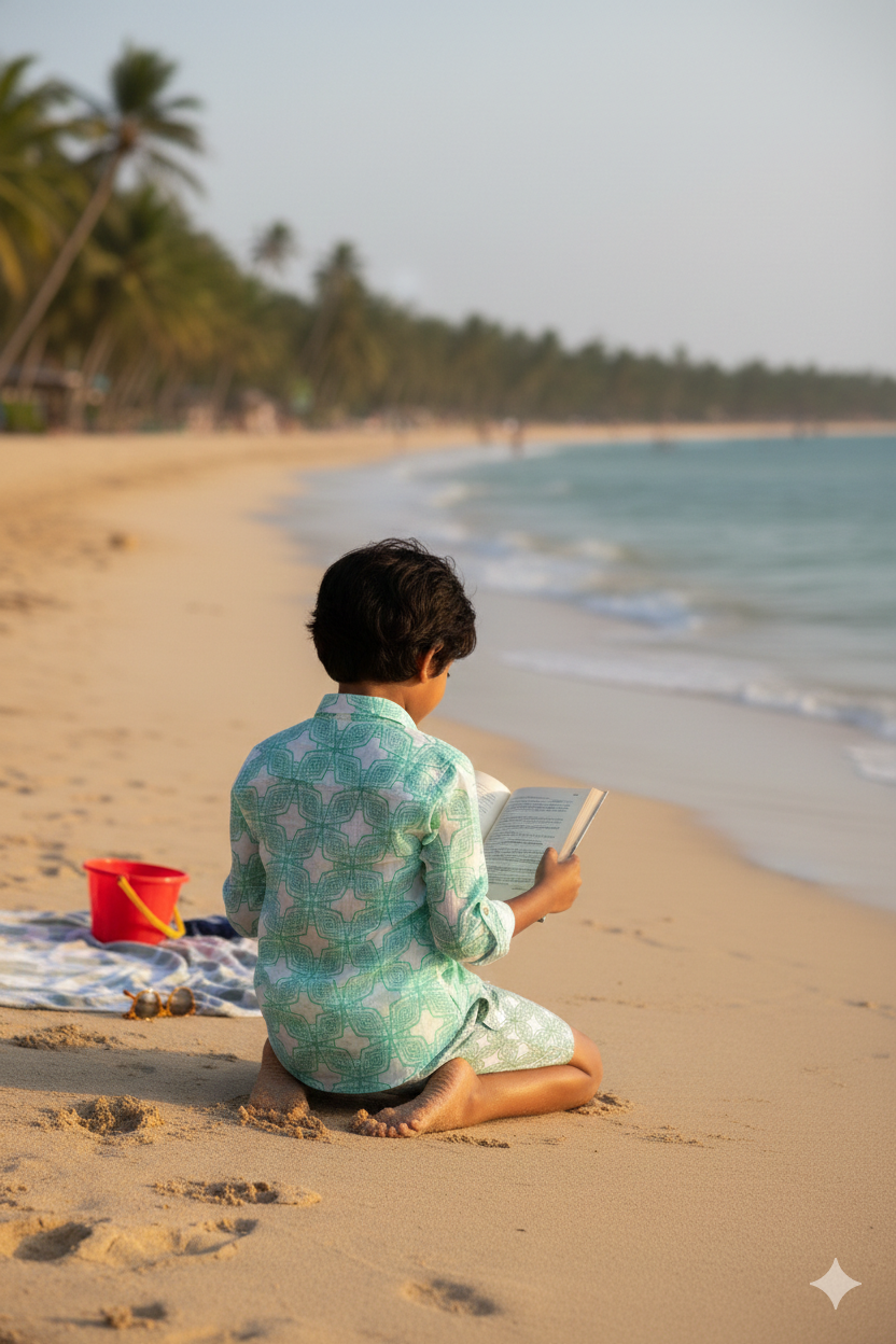 Milano boys shirt in blue geometric print, stylish comfortable summer beachwear for kids with matching family set