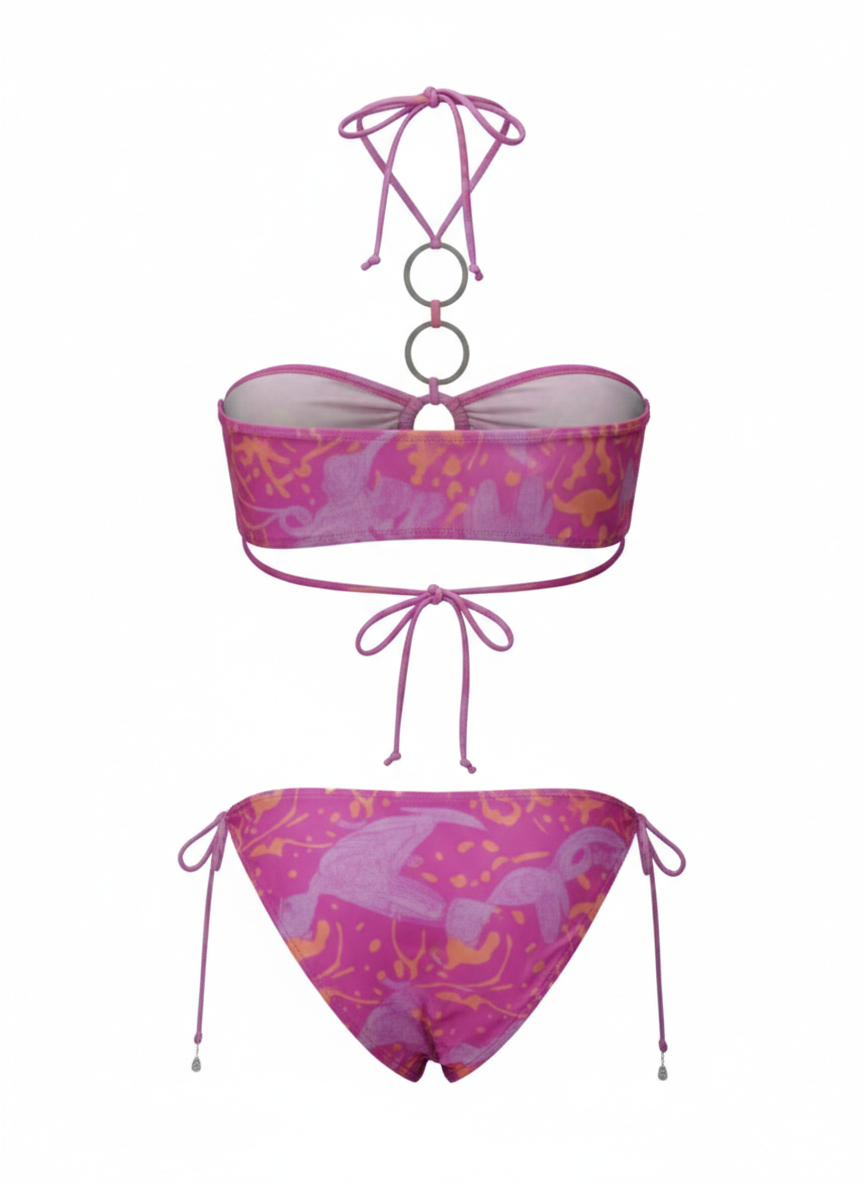 Pink printed bandeau bikini set with ring detail, luxury designer swimwear for stylish and comfortable beach wear