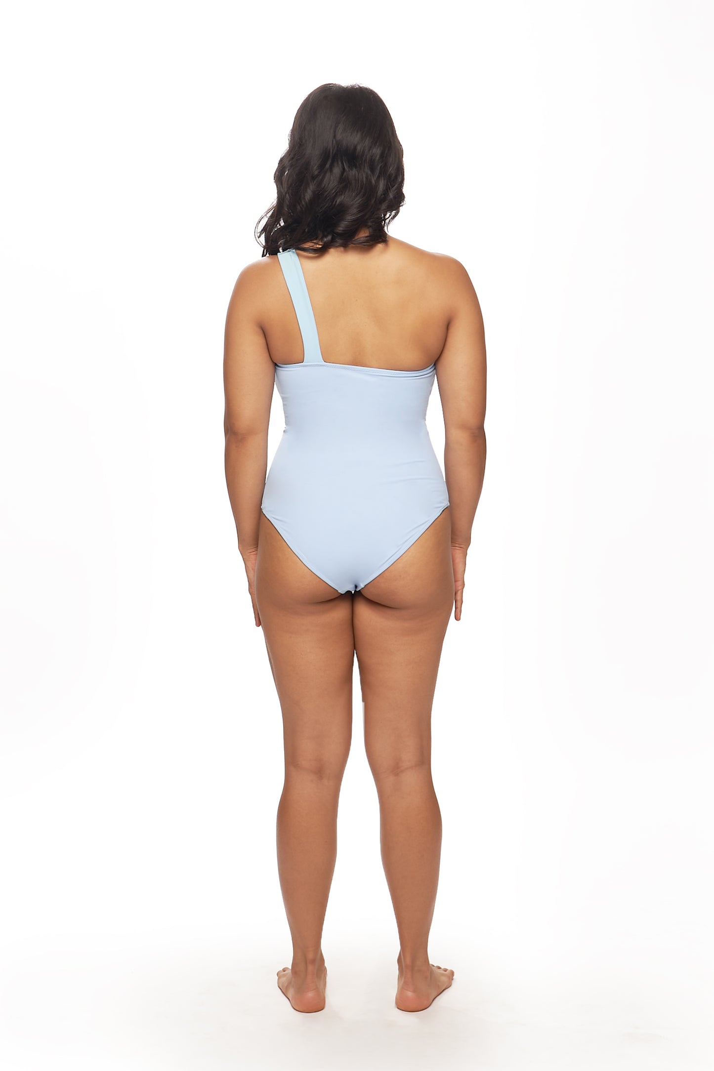 Women’s sky blue Cordelia monokini with asymmetrical strap and waist cut out, elegant modern one piece beachwear