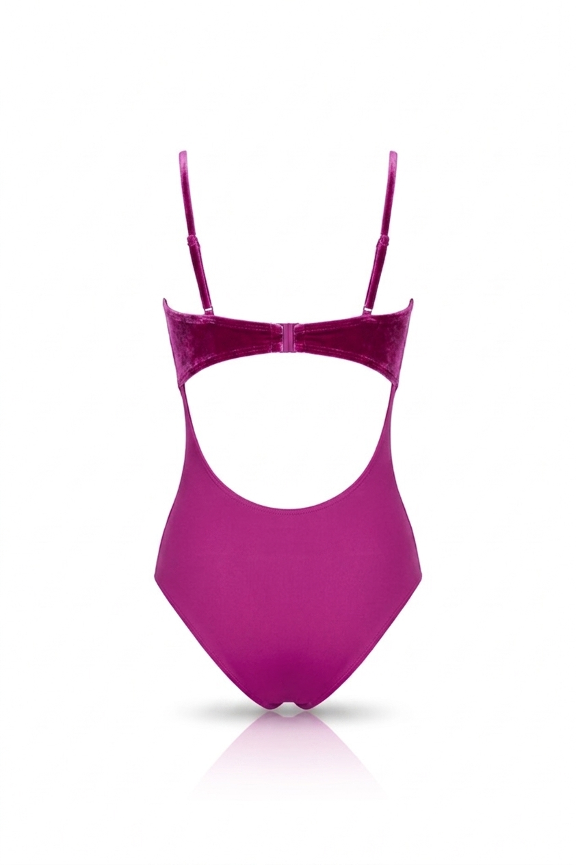 Designer Allura one-piece monokini swimsuit for women in purple velvet fabric with removable cups, adjustable straps, underwire, secured clasp, customized fit and plus sizes. Stylish swimwear for resort and beachwear
