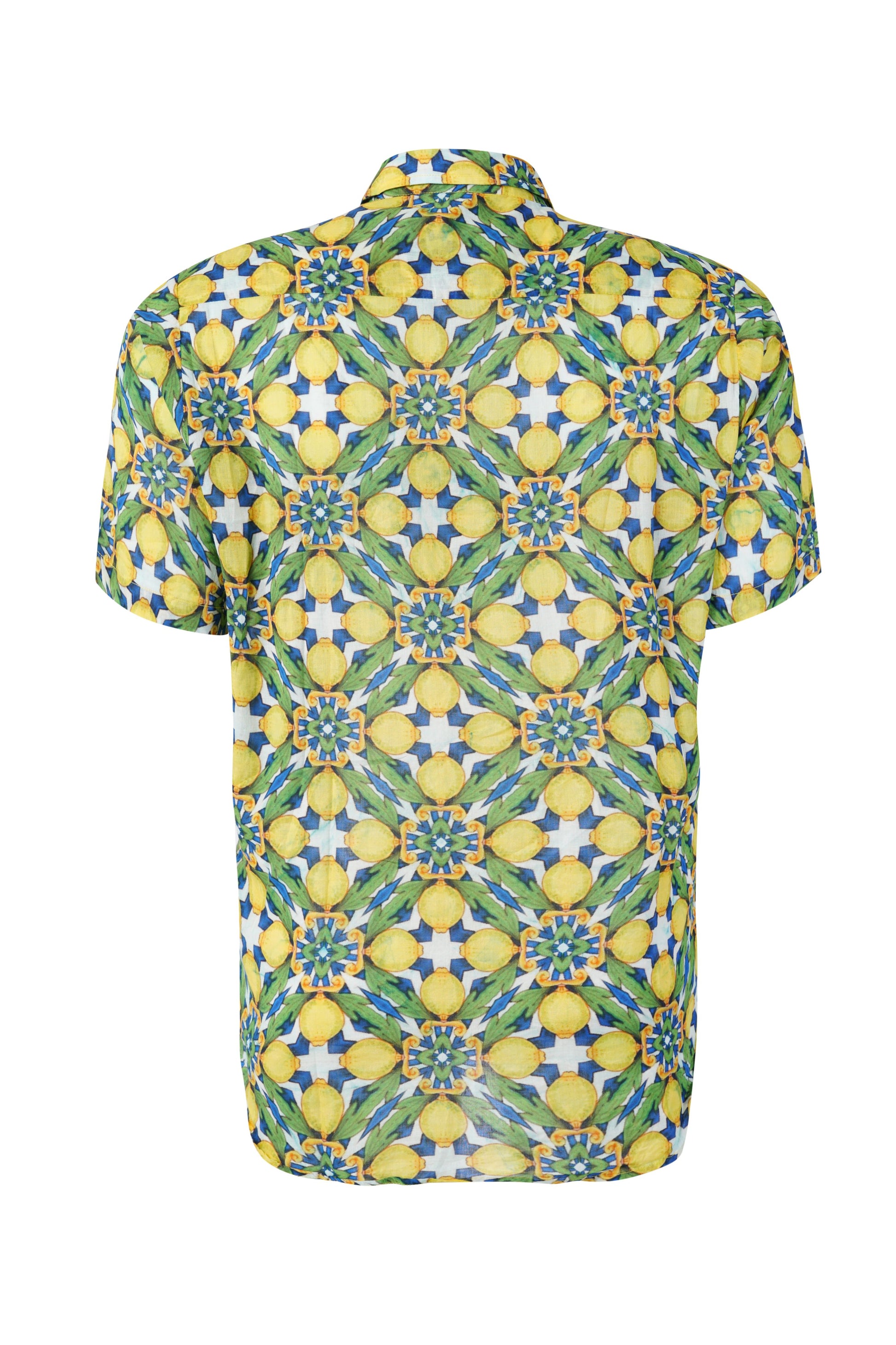 Boys Amalfi lemon print short sleeve shirt with Mediterranean tile pattern, lightweight summer beach holiday outfit
