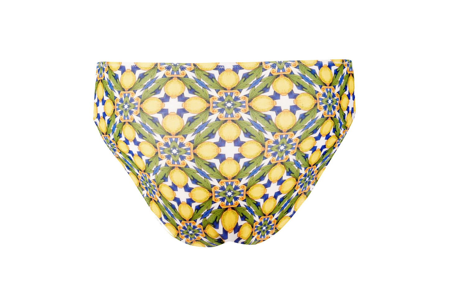 Amalfi Bikini lemon print mid-rise bottom with Mediterranean tile pattern, flattering fit for beach and resort swimwear
