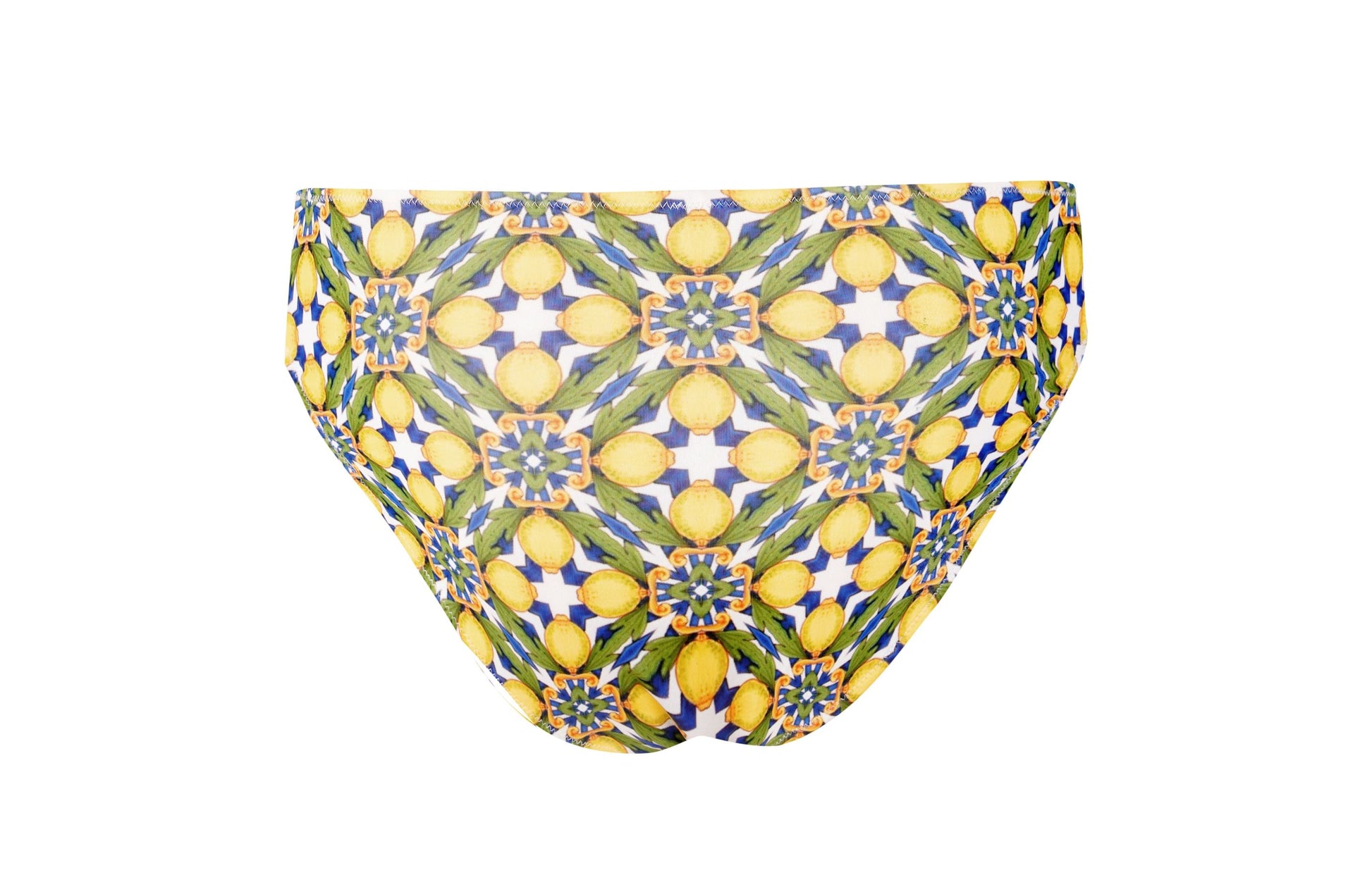 Amalfi Bikini lemon print mid-rise bottom with Mediterranean tile pattern, flattering fit for beach and resort swimwear