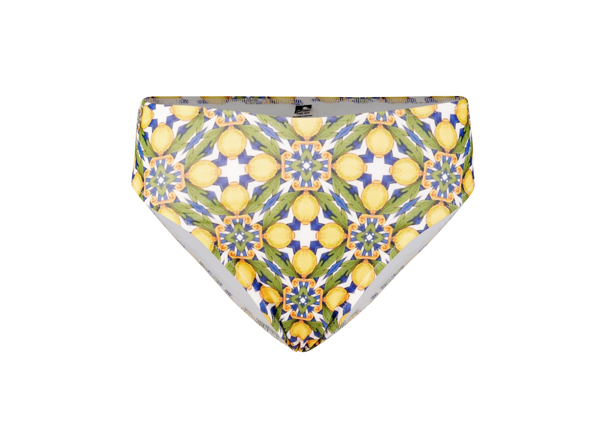 Amalfi Bikini lemon print mid-rise bottom with Mediterranean tile pattern, flattering fit for beach and resort swimwear