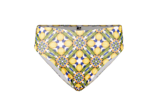 Amalfi Bikini lemon print mid-rise bottom with Mediterranean tile pattern, flattering fit for beach and resort swimwear