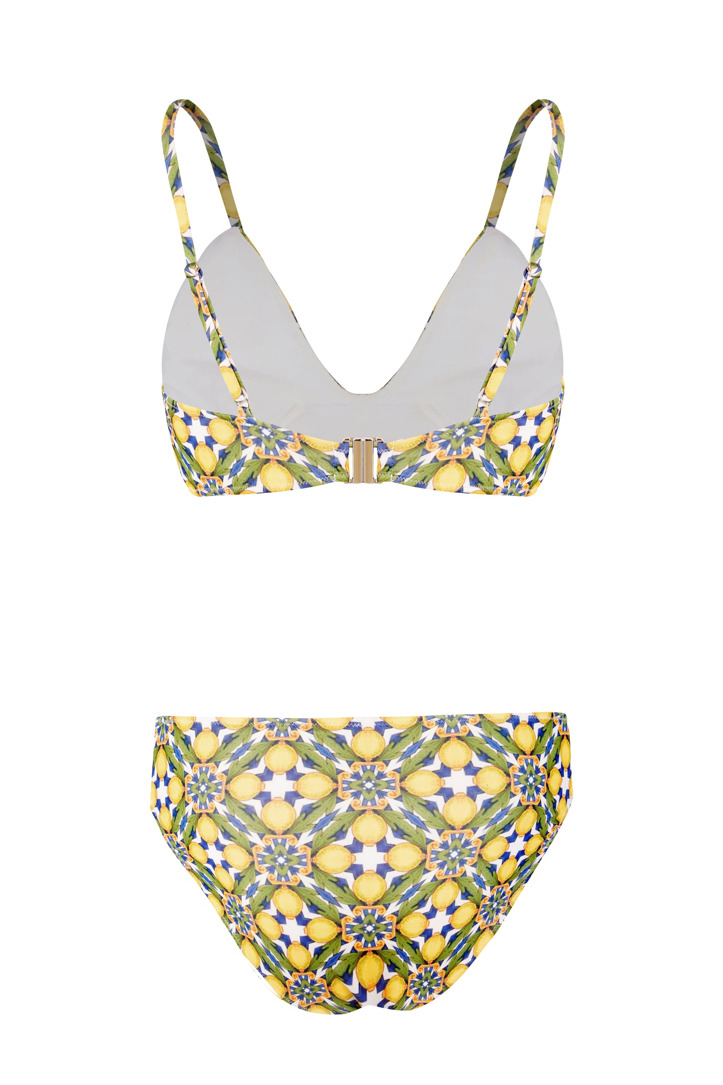 Lemon and floral print bikini set with V neck top and medium rise bottoms