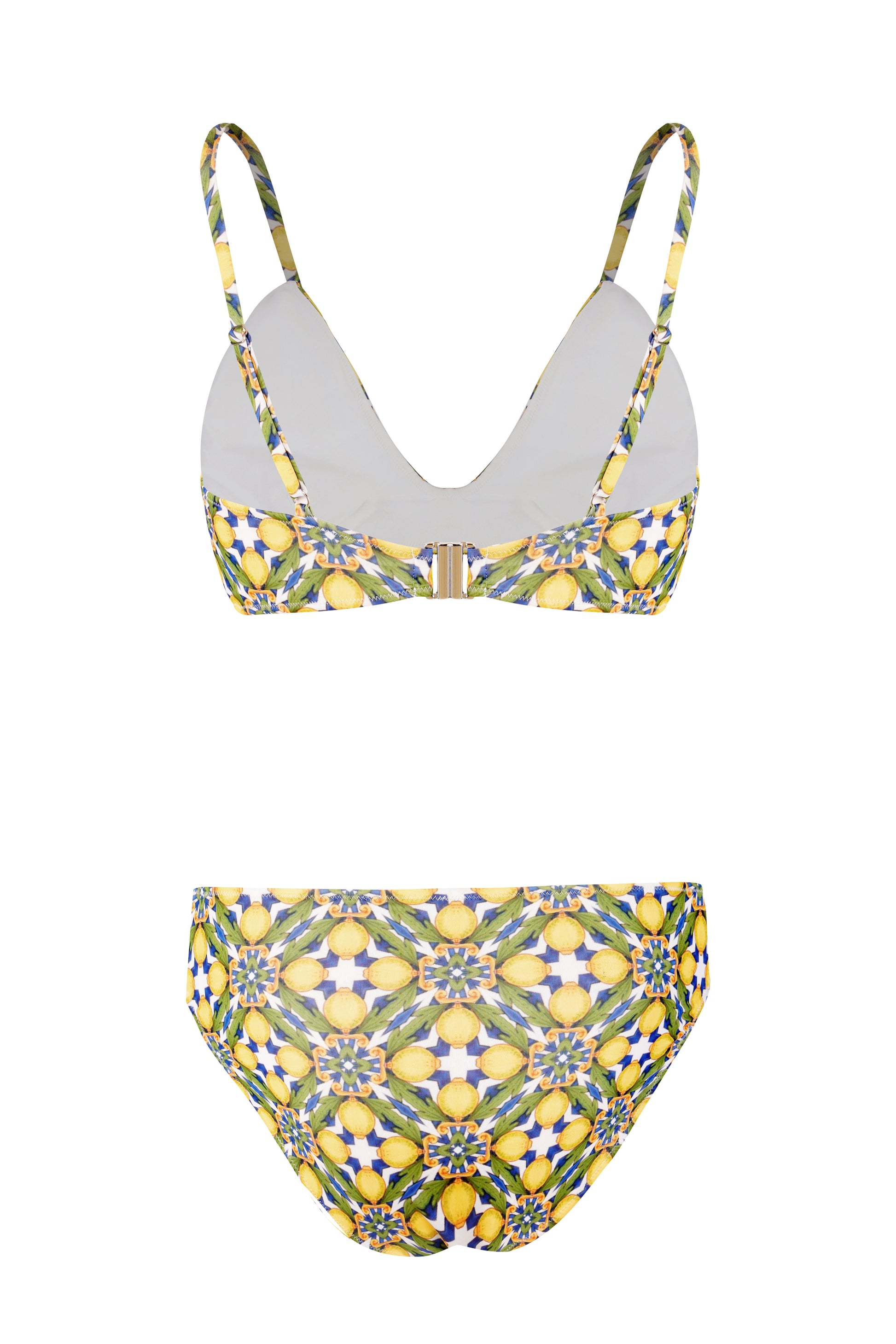 Lemon and floral print bikini set with V neck top and medium rise bottoms