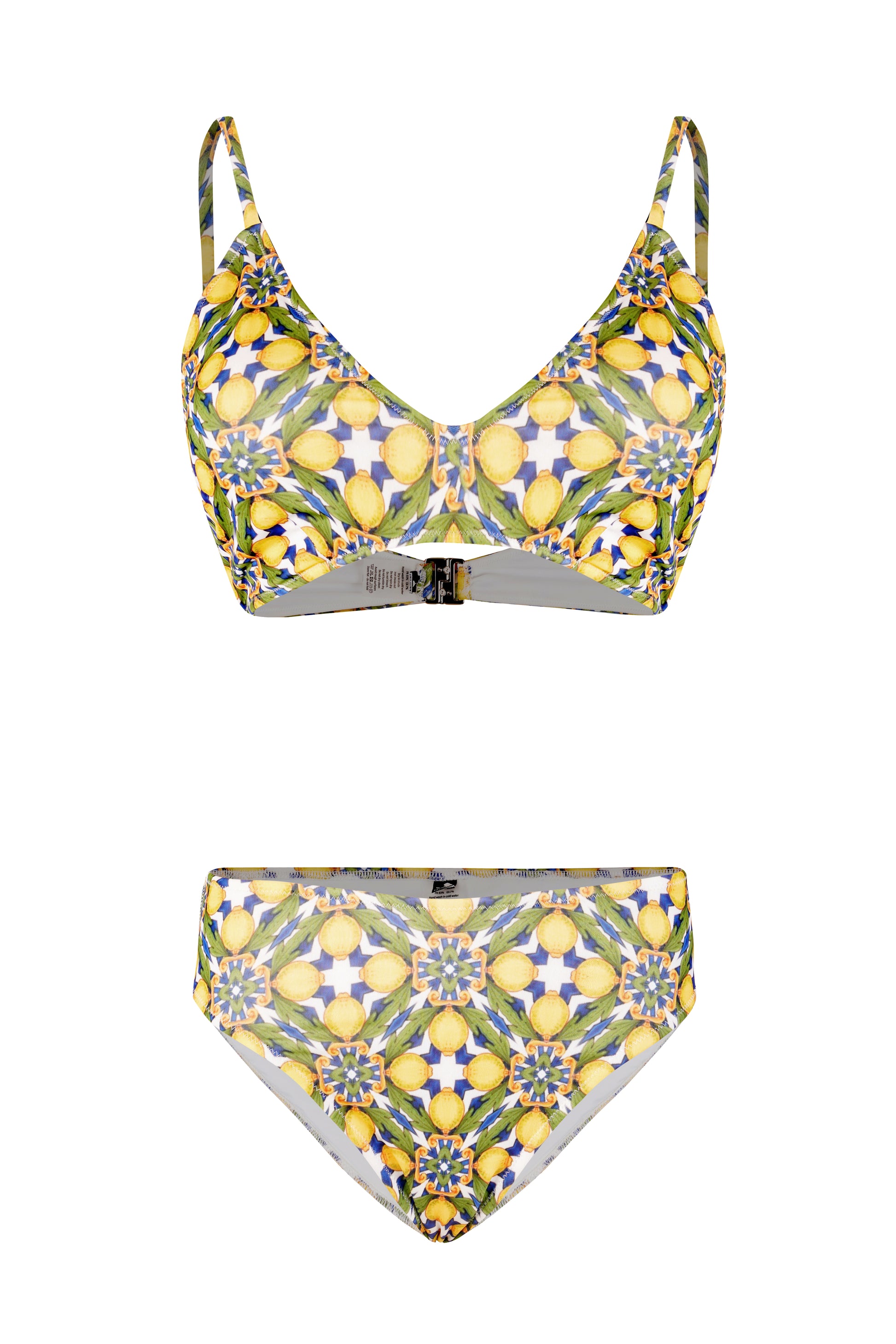 Lemon and floral print bikini set with V neck top and medium rise bottoms