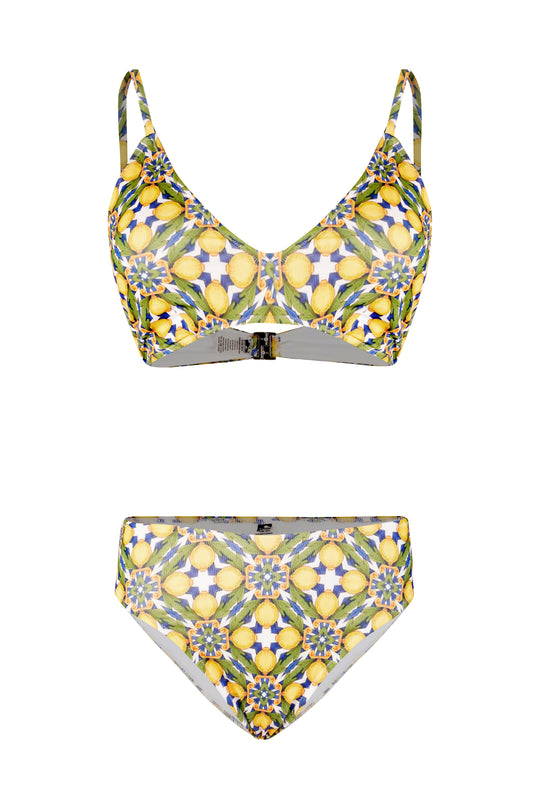 Lemon and floral print bikini set with V neck top and medium rise bottoms