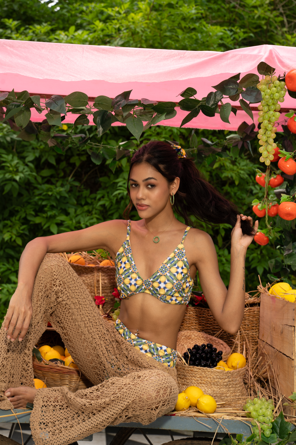 Lemon and floral print bikini set with V neck top and medium rise bottoms