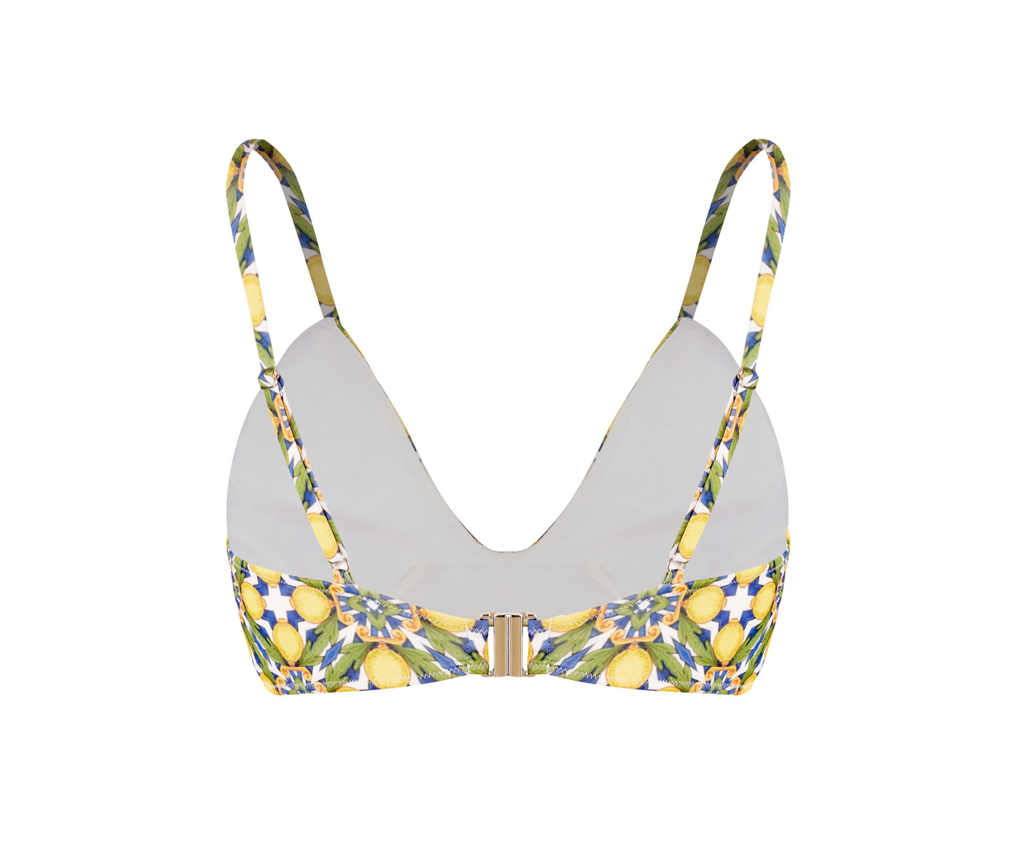 Amalfi Bikini lemon print V-neck top with Mediterranean tile pattern and adjustable straps, chic beach and resort swimwear