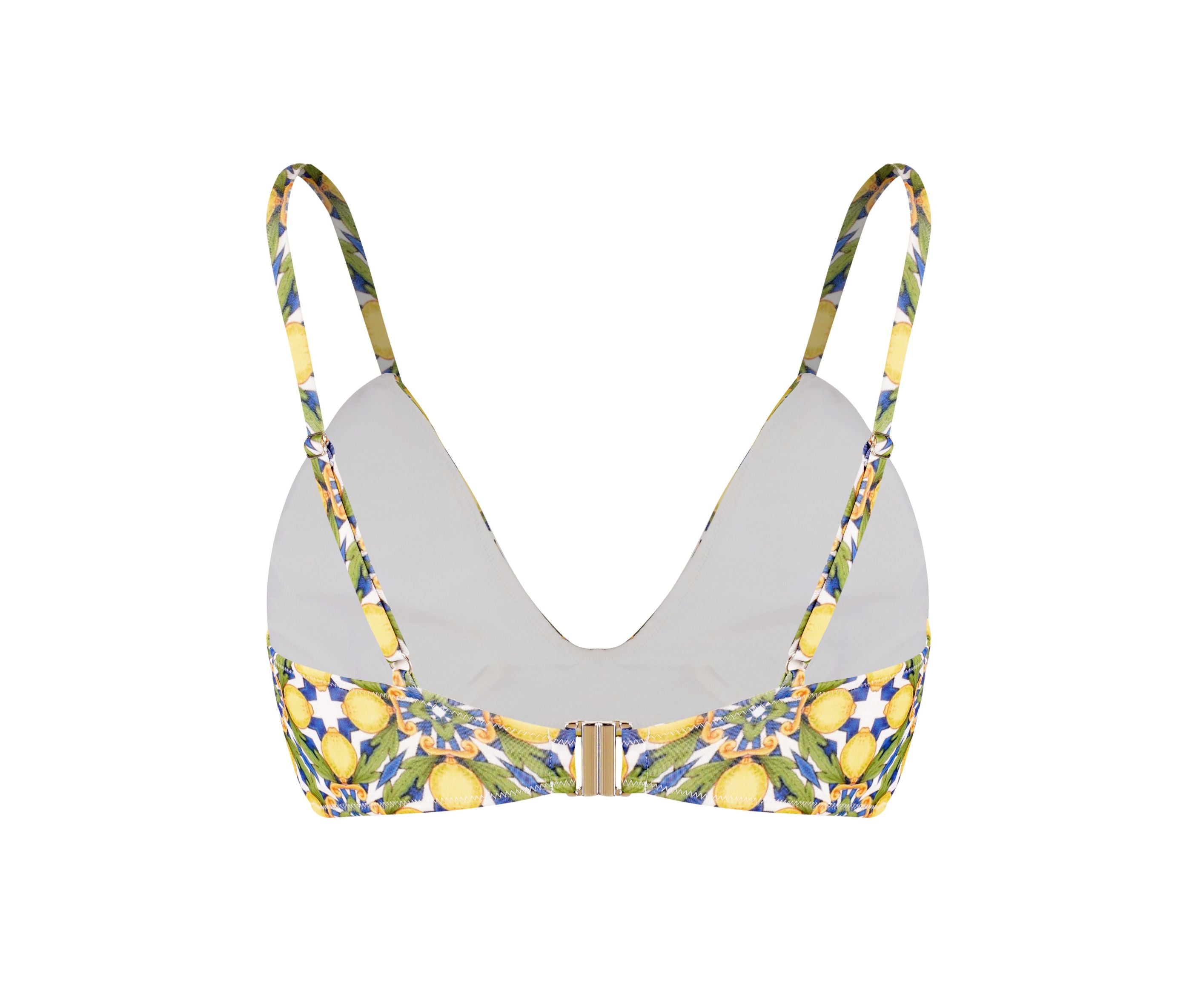 Designer, sustainable Amalfi bikini top for women with a V neckline, underwire, removable cups, adjustable straps and a secured clasp. Sexy swimwear bikini top for beach days and resort vacations.
