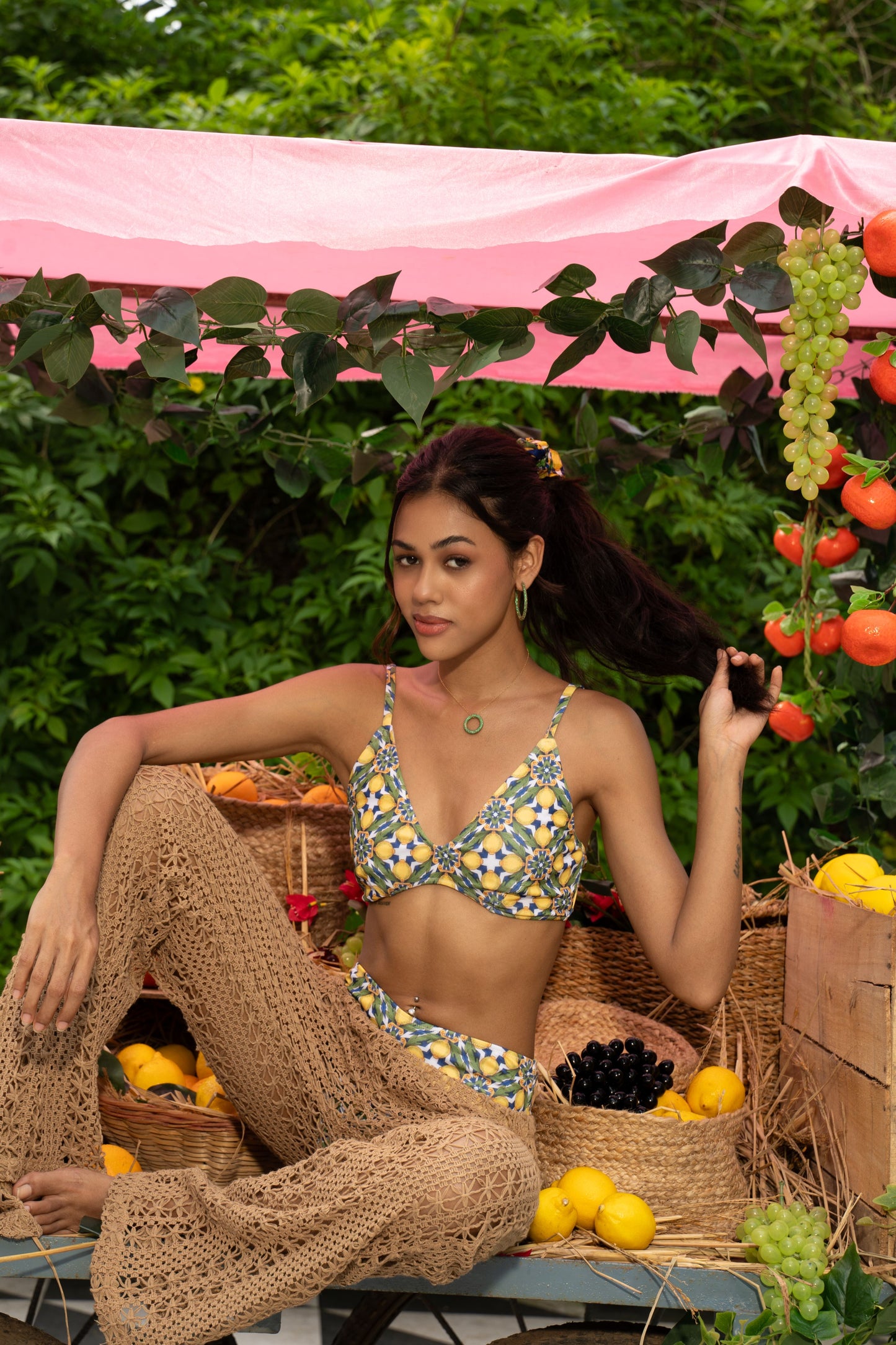 Amalfi Bikini lemon print V-neck top with Mediterranean tile pattern and adjustable straps, chic beach and resort swimwear