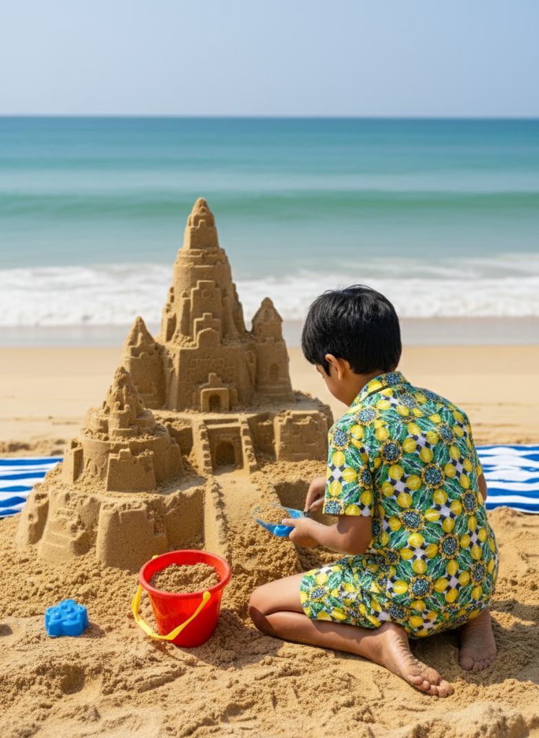 Boys Amalfi lemon print swim shorts with elastic waistband, lightweight Mediterranean beach and holiday wear