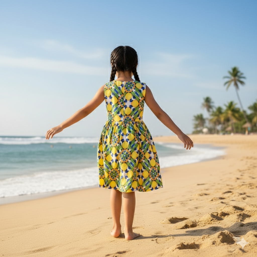 Amalfi Dress for girls up to 12 years, lemon print sleeveless summer beach dress with flared skirt and vibrant pattern
