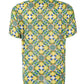 Amalfi lemon print short sleeve button-up shirt with Mediterranean tile pattern, lightweight summer resort wear
