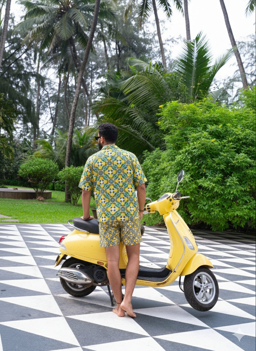 Amalfi lemon print short sleeve button-up shirt with Mediterranean tile pattern, lightweight summer resort wear