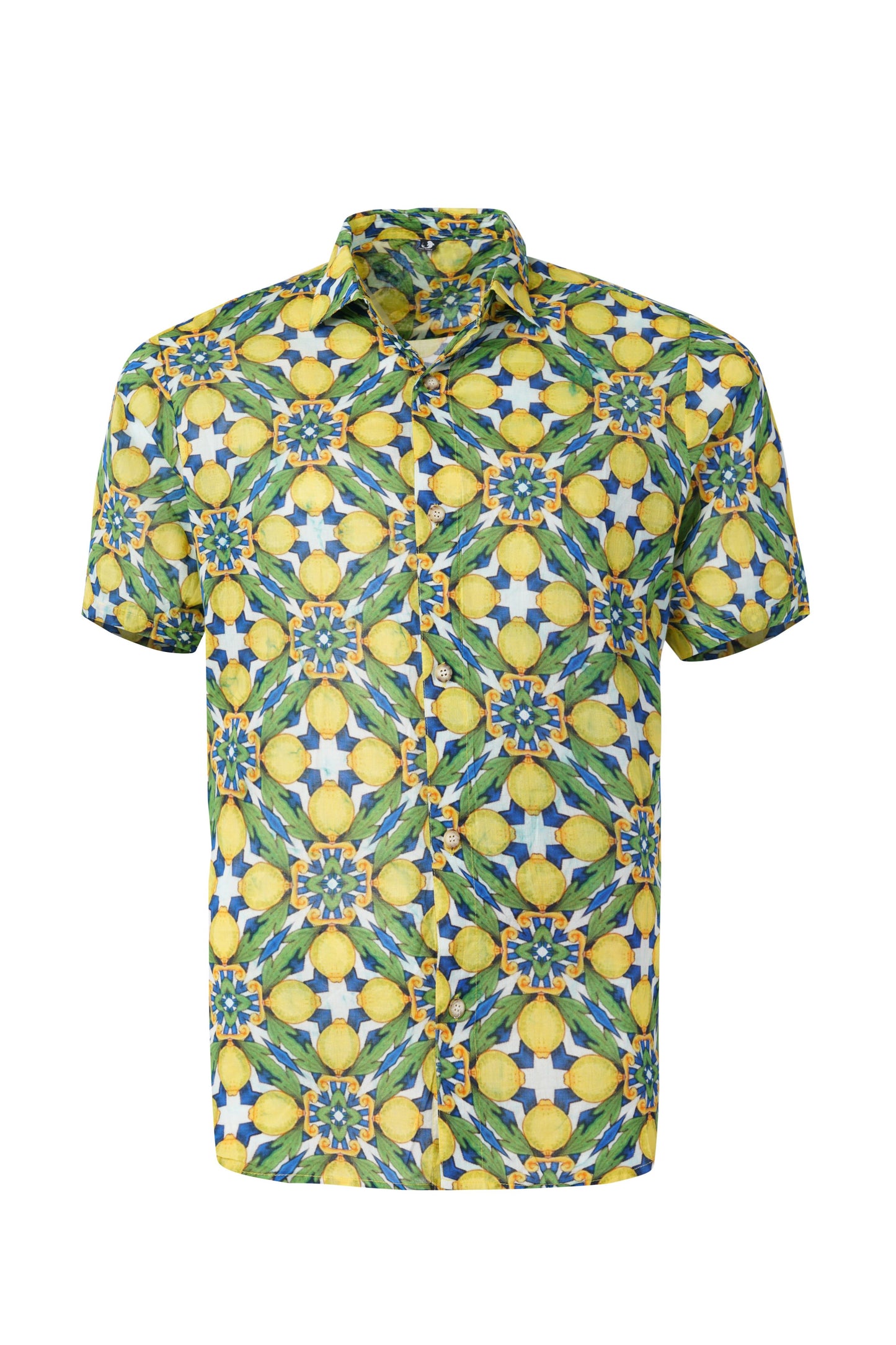 Boys Amalfi lemon print short sleeve shirt with Mediterranean tile pattern, lightweight summer beach holiday outfit