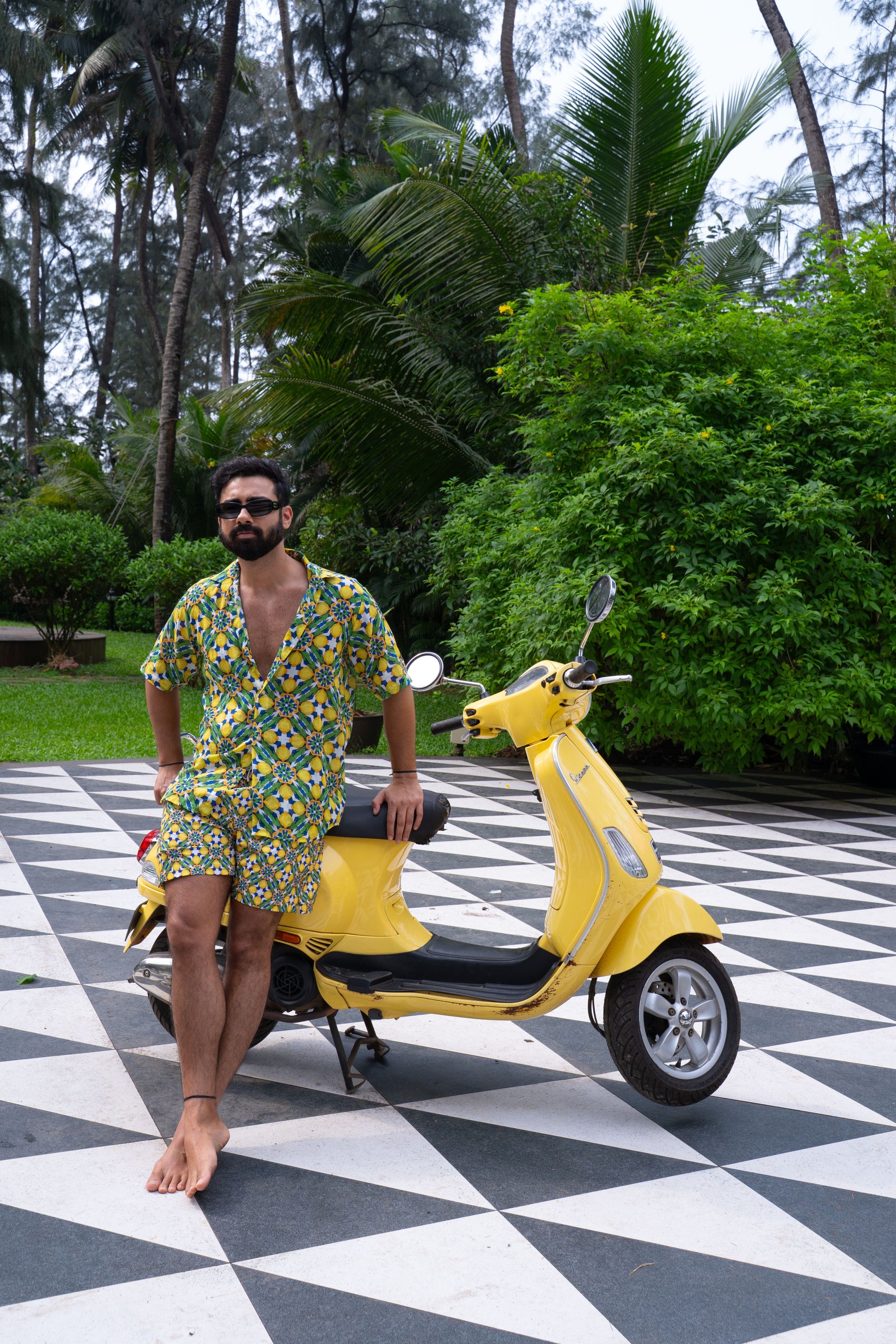 Amalfi lemon print short sleeve button-up shirt with Mediterranean tile pattern, lightweight summer resort wear