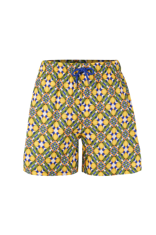 Amalfi lemon print swim shorts with Mediterranean tile pattern and drawstring waist, stylish resort and beachwear