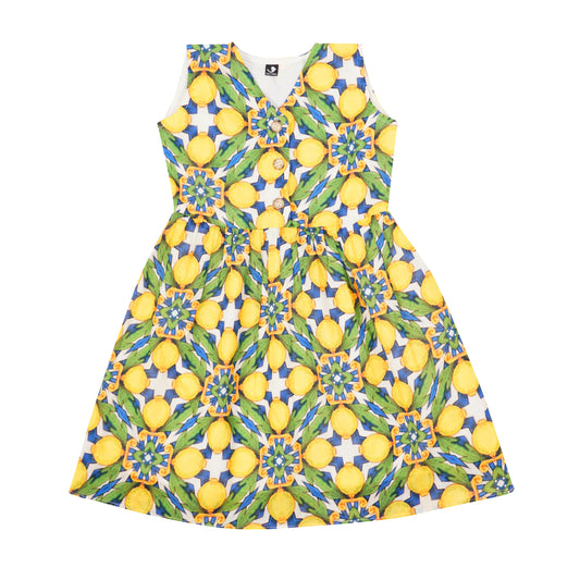 Amalfi Dress for girls up to 12 years, lemon print sleeveless summer beach dress with flared skirt and vibrant pattern